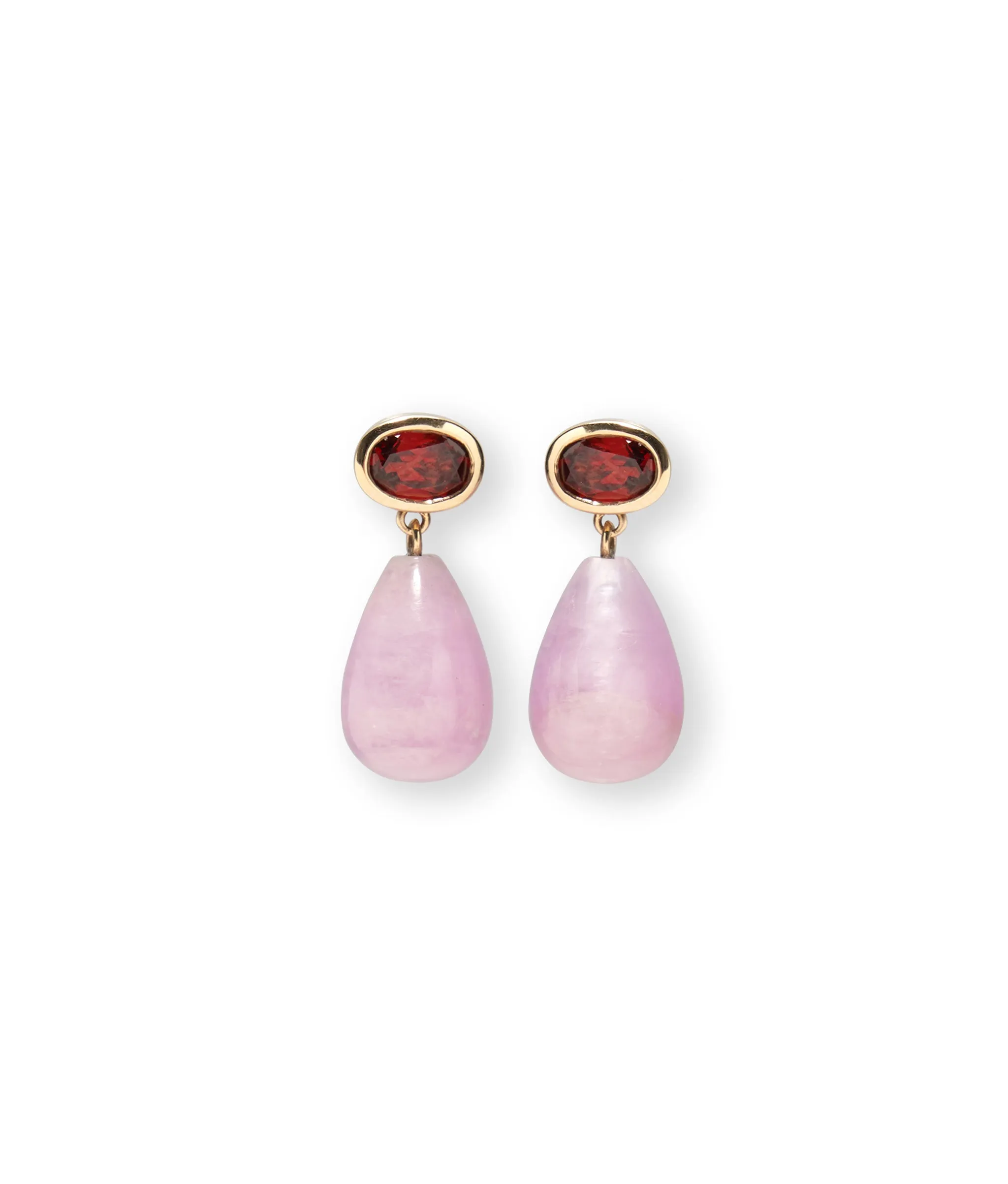 14k Gold Drop Earrings in Garnet & Kunzite