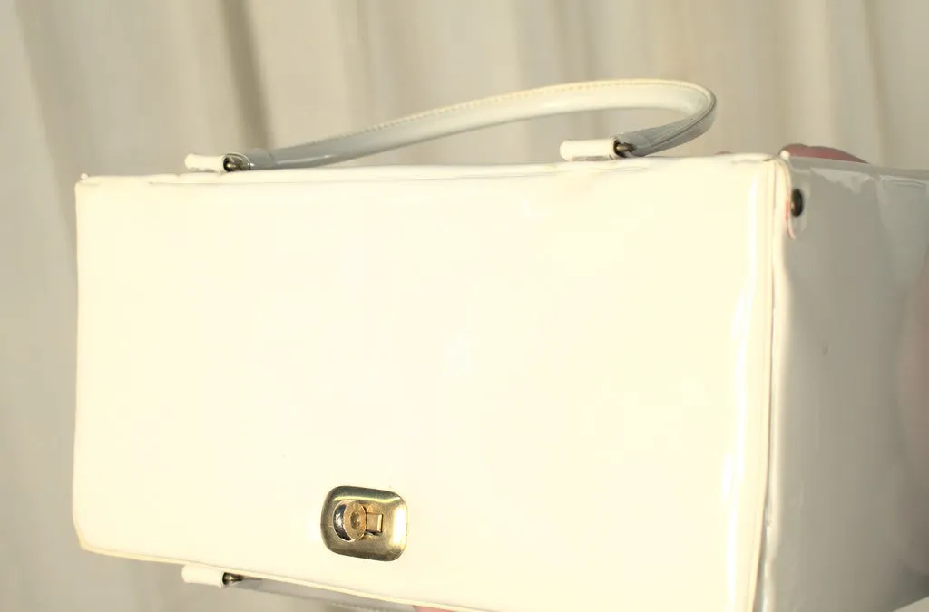 1960s Vintage White Patent Box Handbag