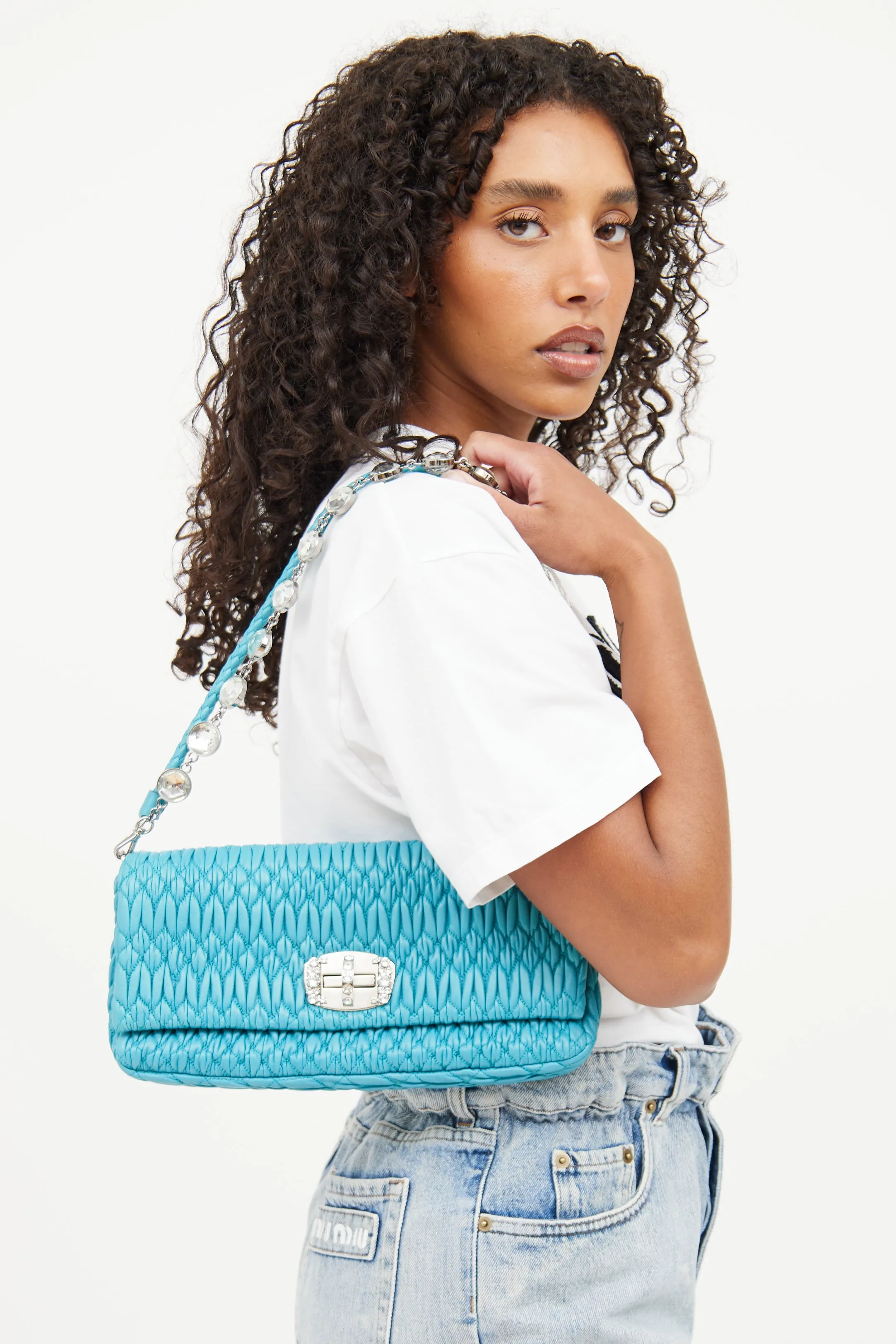 2014 Teal Matelassé Leather Crystal Flap Bag