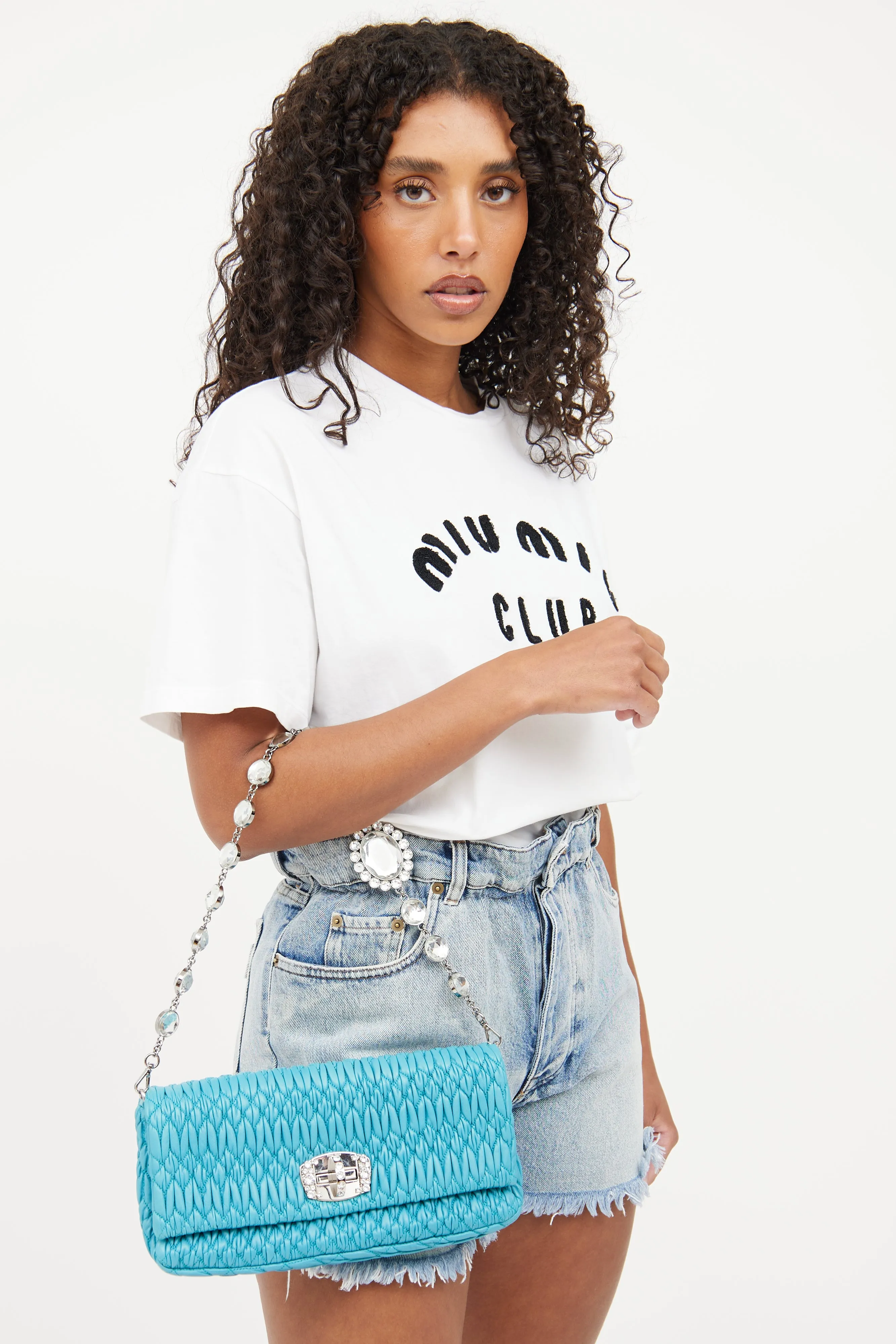 2014 Teal Matelassé Leather Crystal Flap Bag