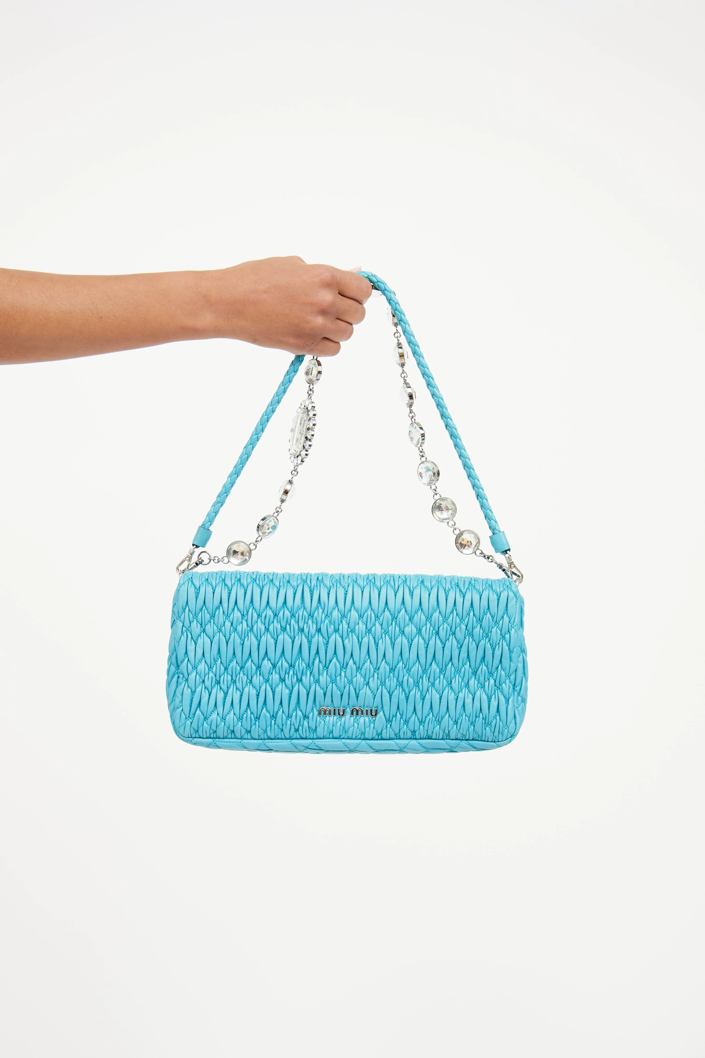 2014 Teal Matelassé Leather Crystal Flap Bag