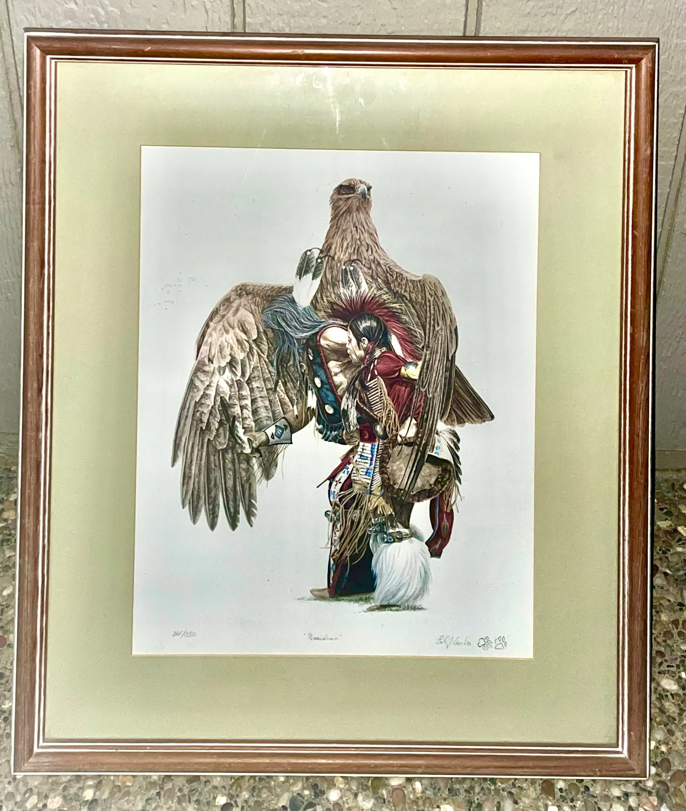 25x21 Guardian Signed Earl J. Cacho Native American Eagle Bird Framed Matted Art