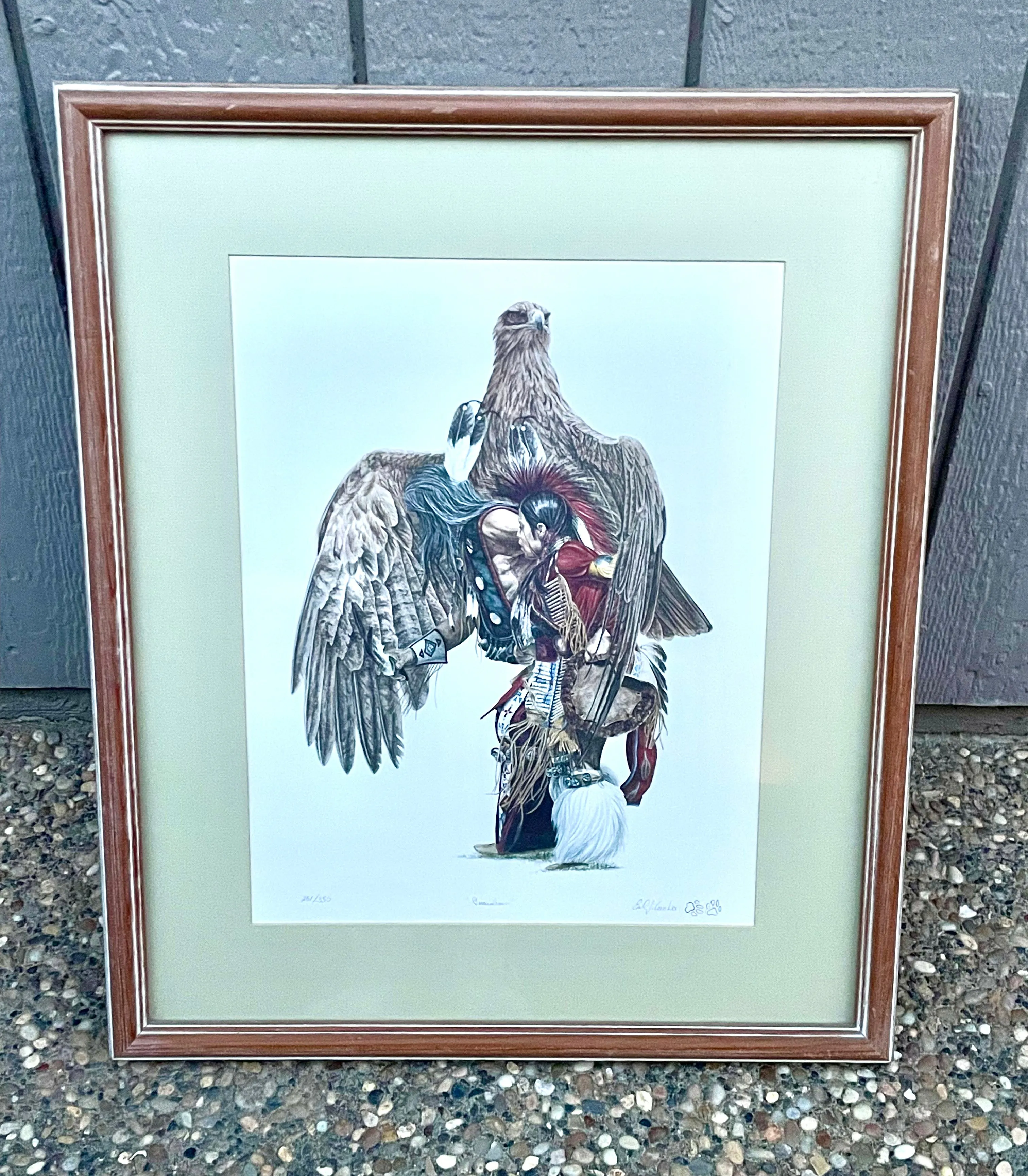 25x21 Guardian Signed Earl J. Cacho Native American Eagle Bird Framed Matted Art