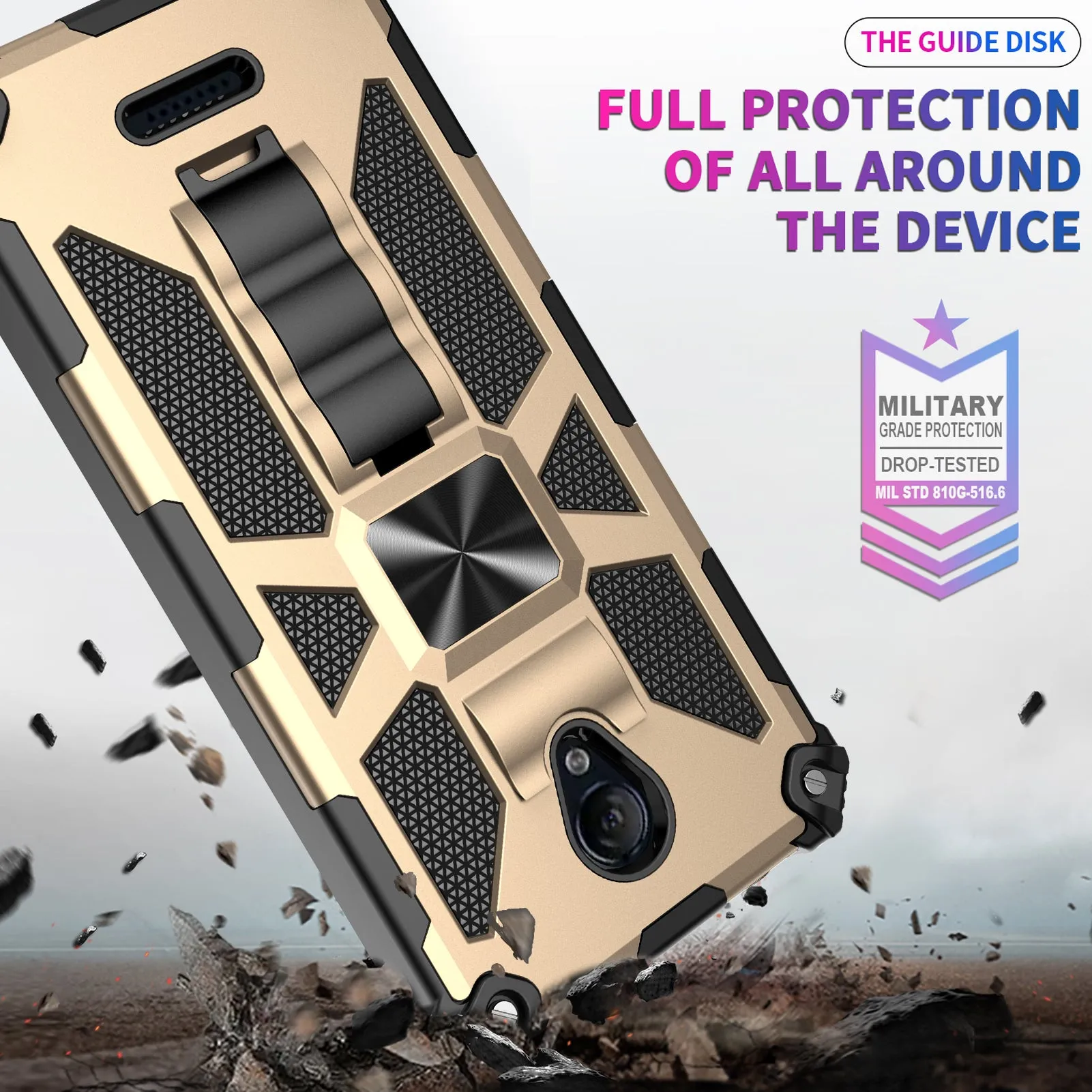 AT&T Fusion Z / Motivate Case [Military Grade] Ring Car Mount Kickstand Hybrid Hard PC Soft TPU Shockproof Protective Case - Gold