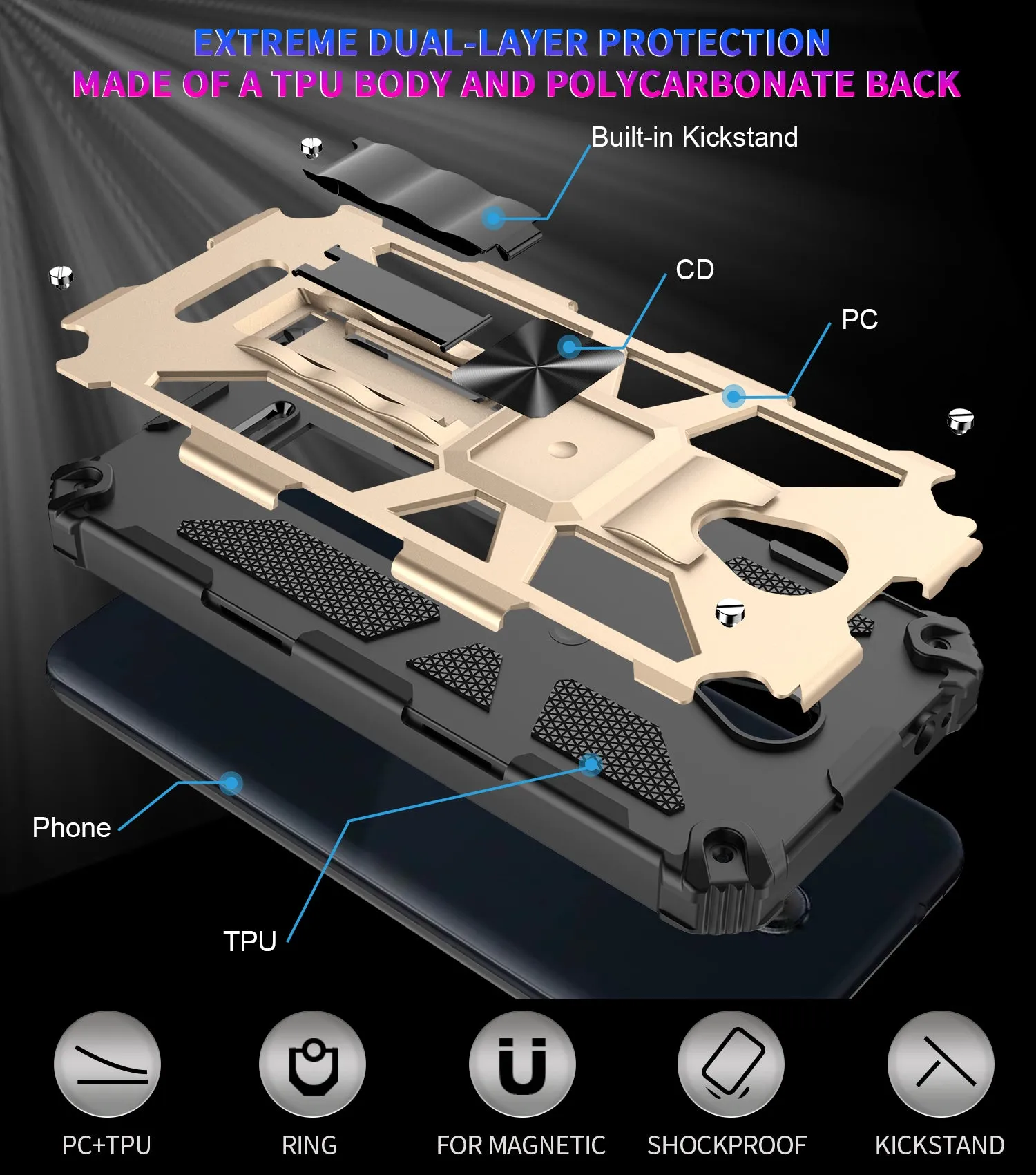 AT&T Fusion Z / Motivate Case [Military Grade] Ring Car Mount Kickstand Hybrid Hard PC Soft TPU Shockproof Protective Case - Gold
