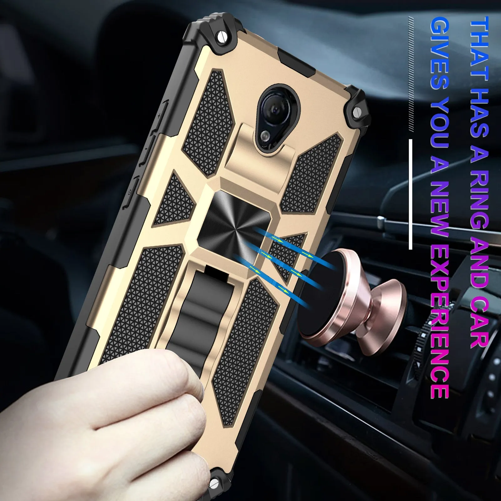 AT&T Fusion Z / Motivate Case [Military Grade] Ring Car Mount Kickstand Hybrid Hard PC Soft TPU Shockproof Protective Case - Gold