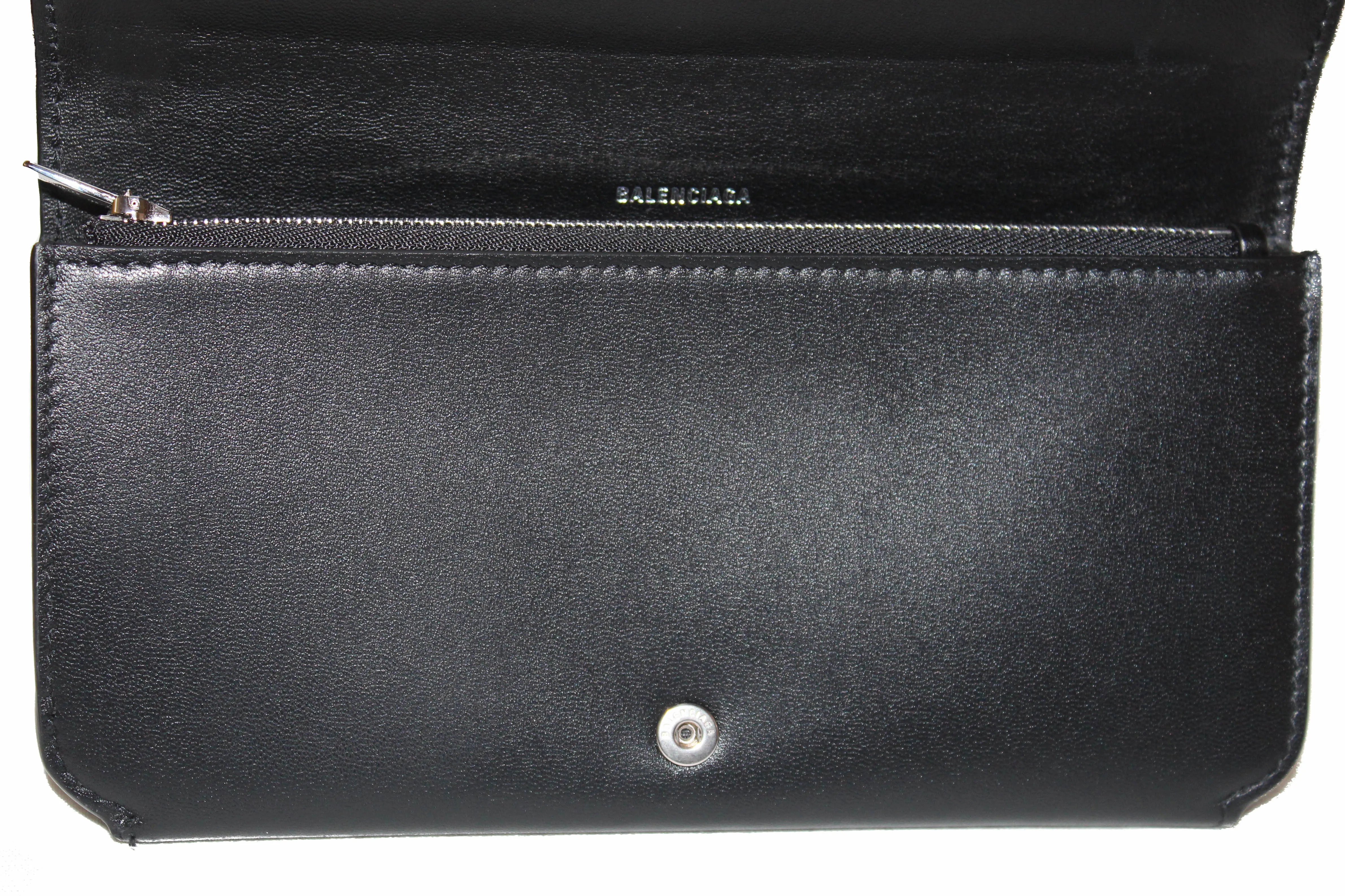 Authentic Balenciaga Black Calfskin Leather Continental Flap Wallet