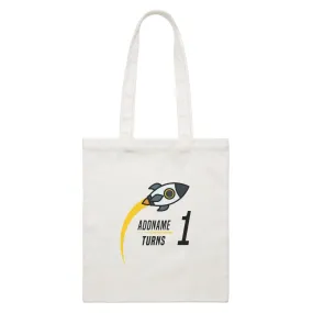 Birthday Flying Rocket To Galaxy Addname Turn 1 White Canvas Bag