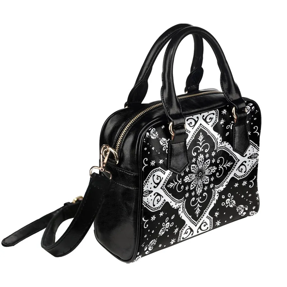Boho Purse, Black and White Bohemian Bandana Vintage Cute Small Shoulder Vegan Leather Women Ladies Designer Handbag with Crossbody Strap