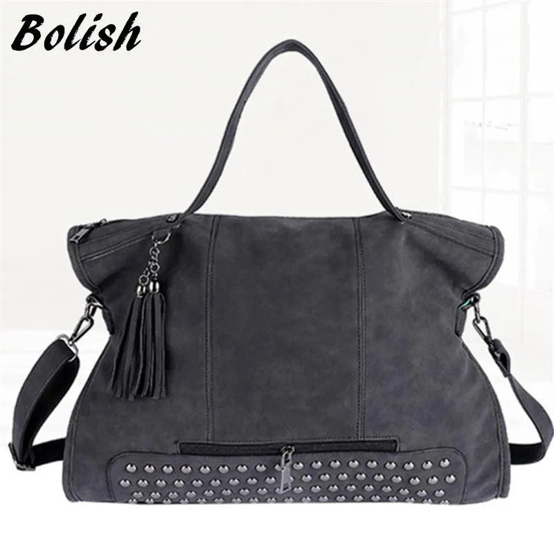 Bolish Rivet Vintage PU Leather Female Handbag Fashion Tassel Messenger Bag Women Shoulder Bag Larger Top-Handle Bags Travel Bag