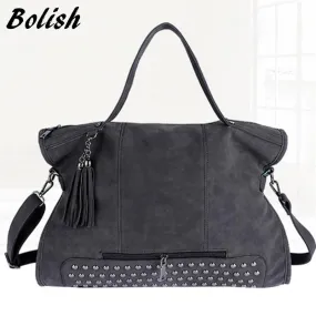Bolish Rivet Vintage PU Leather Female Handbag Fashion Tassel Messenger Bag Women Shoulder Bag Larger Top-Handle Bags Travel Bag