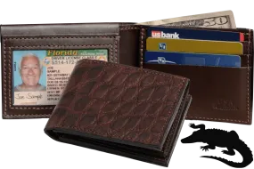 Brown Alligator Luxury Designer Exotic Bifold Wallet With Flip Up ID Window