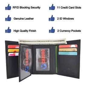 Cazoro Extra Capacity Trifold Wallet for Men RFID Blocking Genuine Leather Wallet Black Brown RFID611286