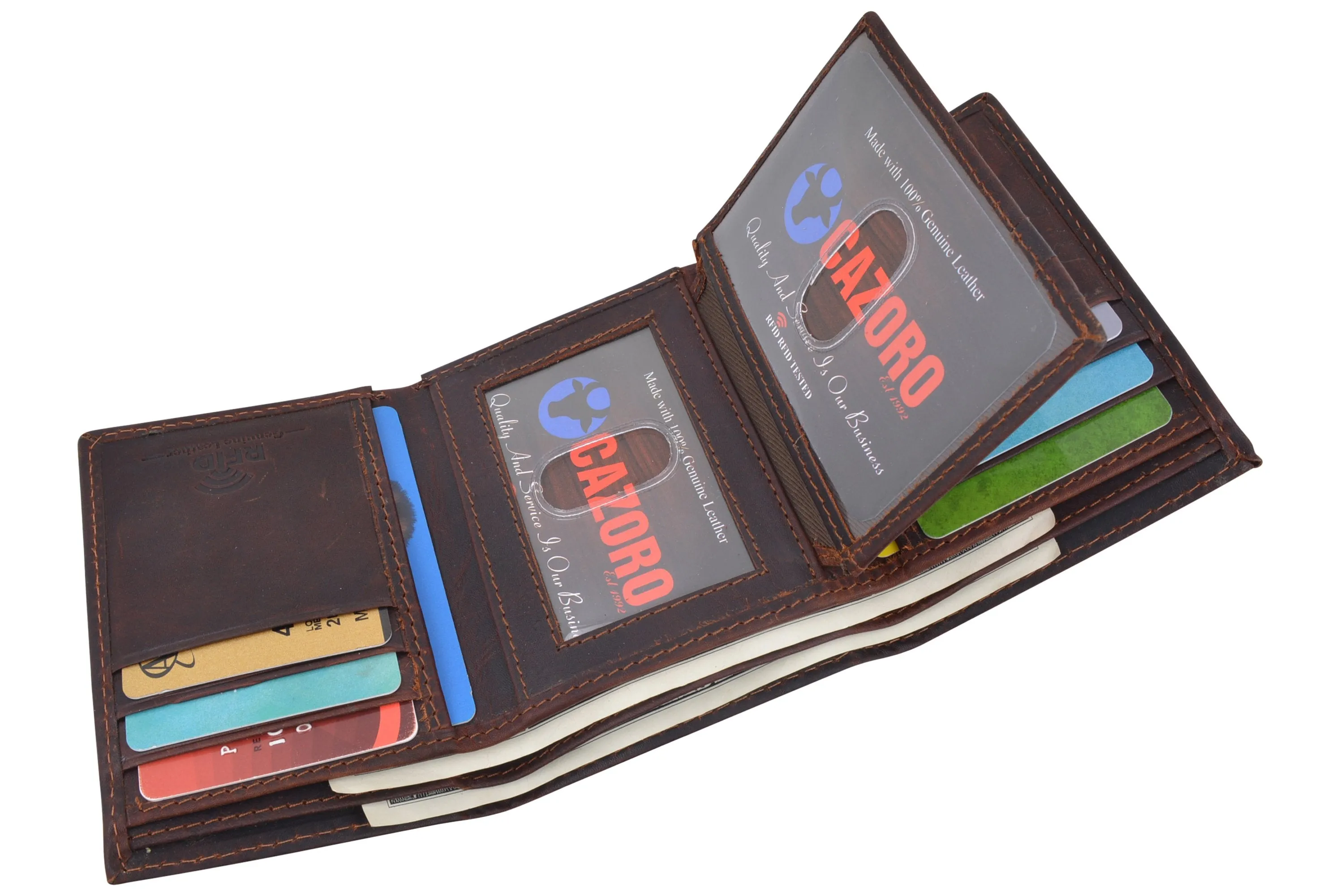 Cazoro Extra Capacity Trifold Wallet for Men RFID Blocking Genuine Leather Wallet Black Brown RFID611286
