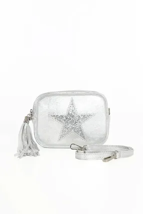 Cross Body Leather Bag Silver Glitter Star