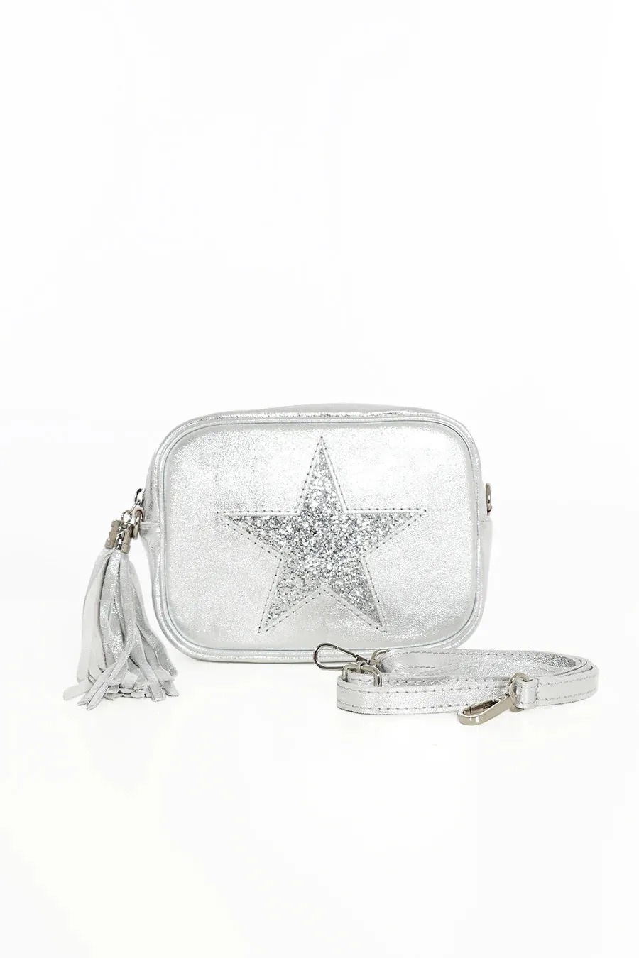 Cross Body Leather Bag Silver Glitter Star