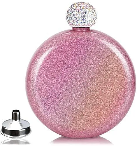 Cute Liquor Flask for Women, Junya 304 Stainless Steel,Pretty Glitter Coating Flasks,Shining Rhinestone Cap,Portable Wine Flask for Drink Bar BBQS and Traveling, Capacity 5 oz (Pink)