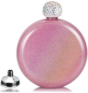 Cute Liquor Flask for Women, Junya 304 Stainless Steel,Pretty Glitter Coating Flasks,Shining Rhinestone Cap,Portable Wine Flask for Drink Bar BBQS and Traveling, Capacity 5 oz (Pink)