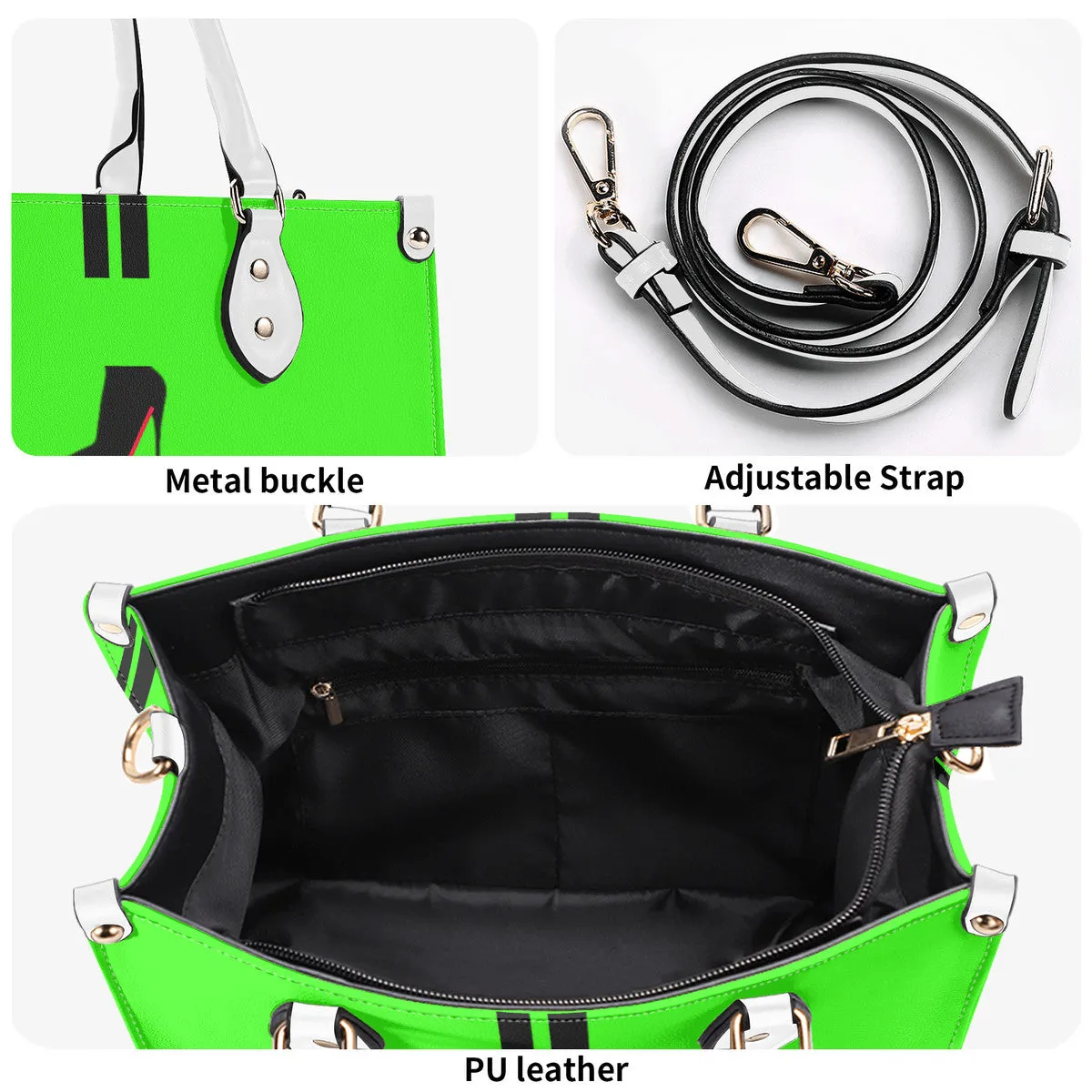 DCYG  Black Red Bottoms & Neon Green Multiple Sizes Upgraded Luxury Women PU Leather Handbag