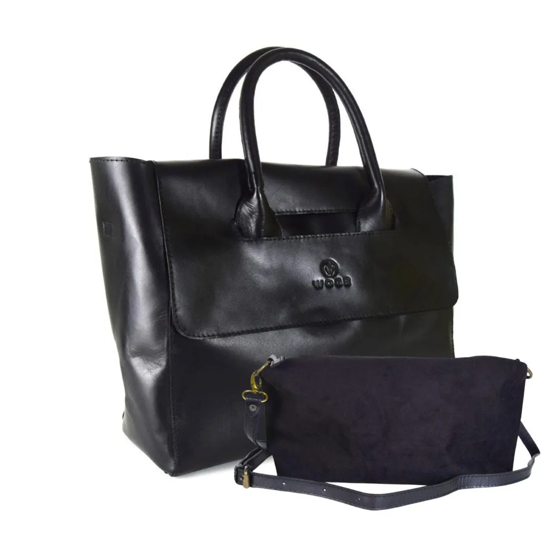 Foldover Tote in Black Leather C ncled Carry