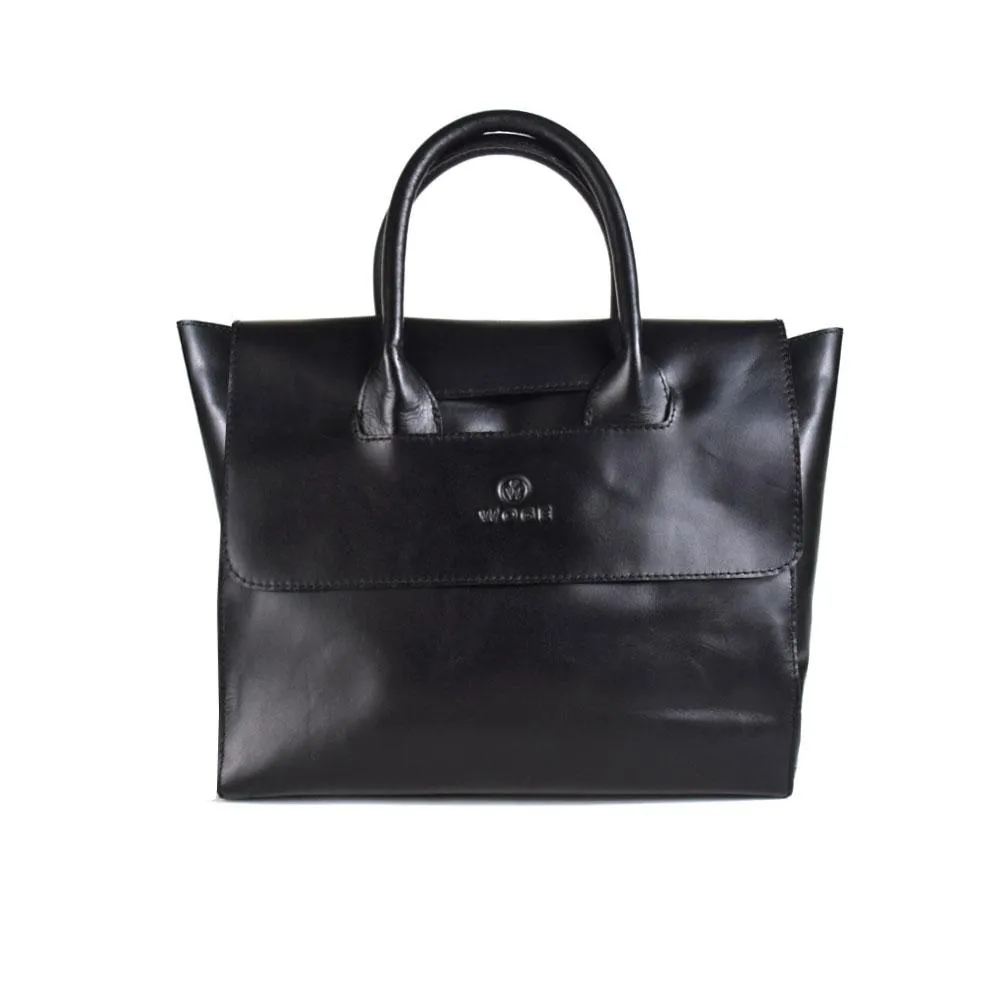 Foldover Tote in Black Leather C ncled Carry