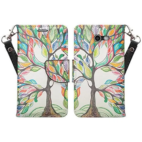 Galaxy J3 Emerge Case, Wrist Strap Magnetic Fold[Kickstand] Pu Leather Wallet Case with ID & Credit Card Slots for Samsung Galaxy J3 Emerge - Colorful Tree