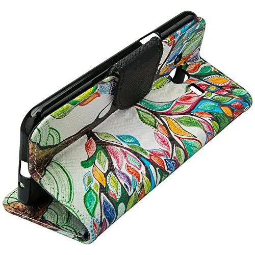 Galaxy J3 Emerge Case, Wrist Strap Magnetic Fold[Kickstand] Pu Leather Wallet Case with ID & Credit Card Slots for Samsung Galaxy J3 Emerge - Colorful Tree