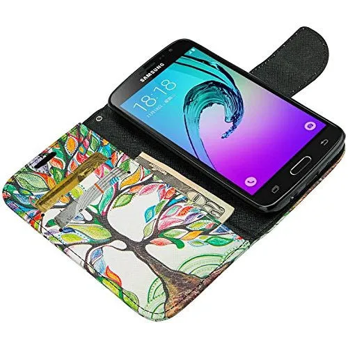 Galaxy J3 Emerge Case, Wrist Strap Magnetic Fold[Kickstand] Pu Leather Wallet Case with ID & Credit Card Slots for Samsung Galaxy J3 Emerge - Colorful Tree