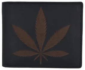 Genuine Leather RFID Bifold Mens Marijuana Leaf Logo Wallet