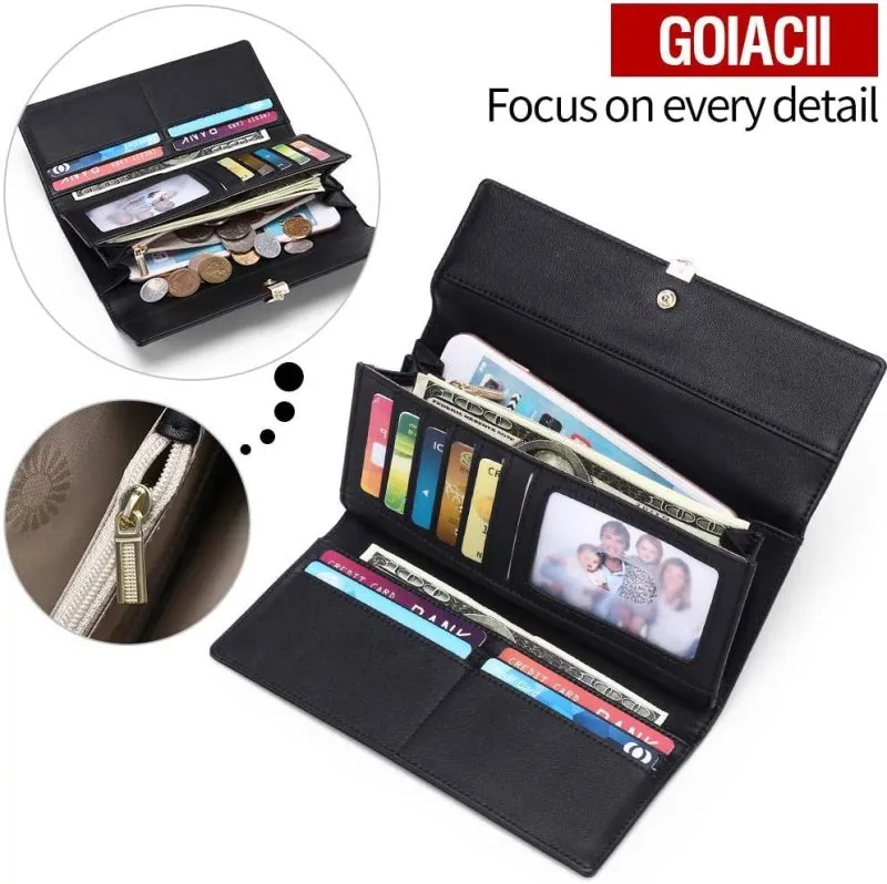 GOIACII  Ladies Purse, Leather Women'S Wallet RFID Blocking Long Purse Zipper Coin Purse with Multiple Card Slots and Phone Pocket