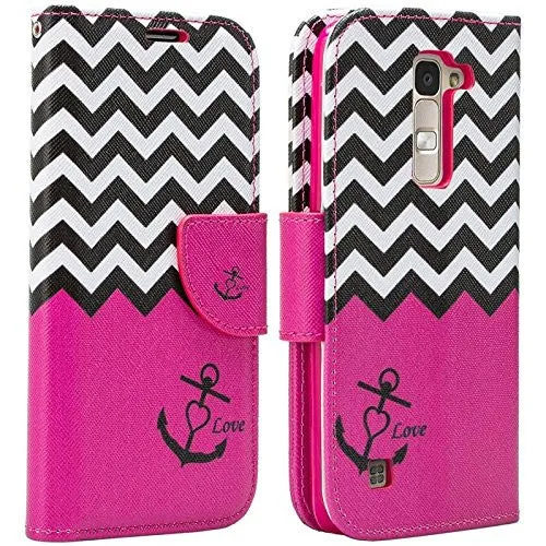 LG K10 / LG Premier LTE Case, Wrist Strap Magnetic Fold[Kickstand] Pu Leather Wallet Case with ID & Credit Card Slots - Hot Pink Anchor