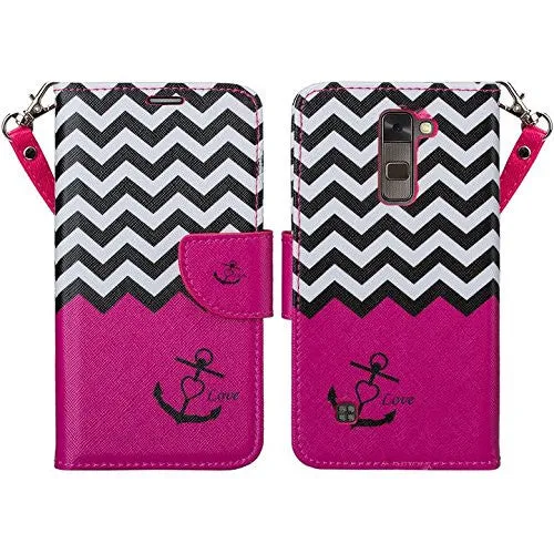 LG K10 / LG Premier LTE Case, Wrist Strap Magnetic Fold[Kickstand] Pu Leather Wallet Case with ID & Credit Card Slots - Hot Pink Anchor