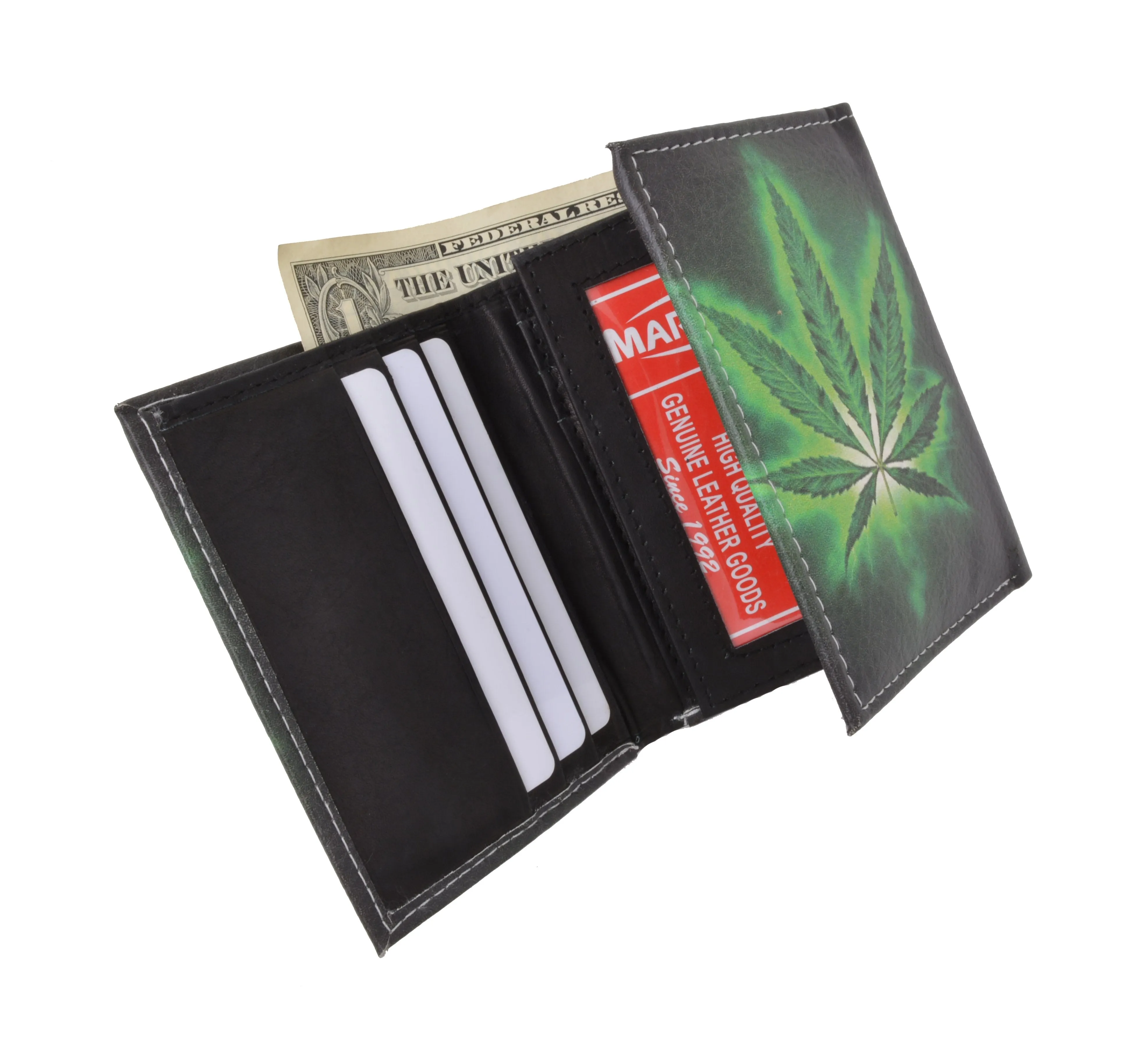 Marijuana Men's Genuine Leather Credit Card ID Holder Trifold Wallet with Middle Flap 1346-19