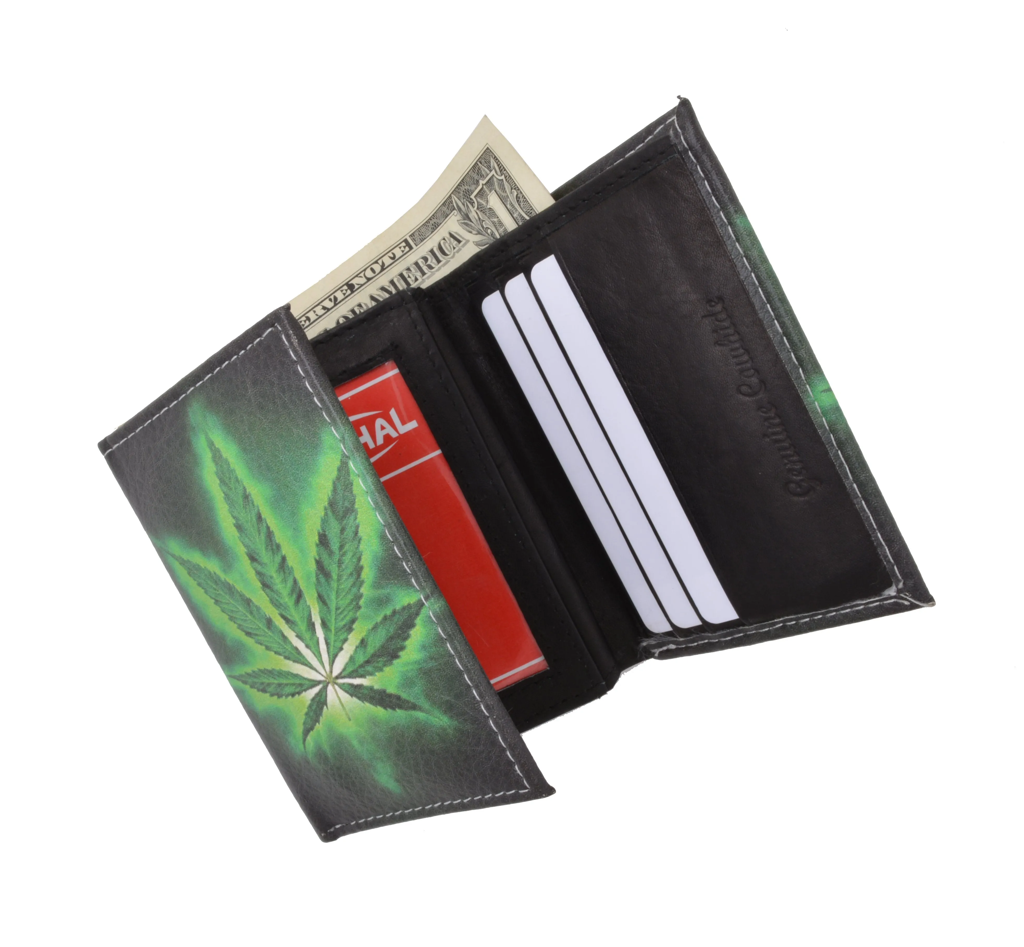 Marijuana Men's Genuine Leather Credit Card ID Holder Trifold Wallet with Middle Flap 1346-19