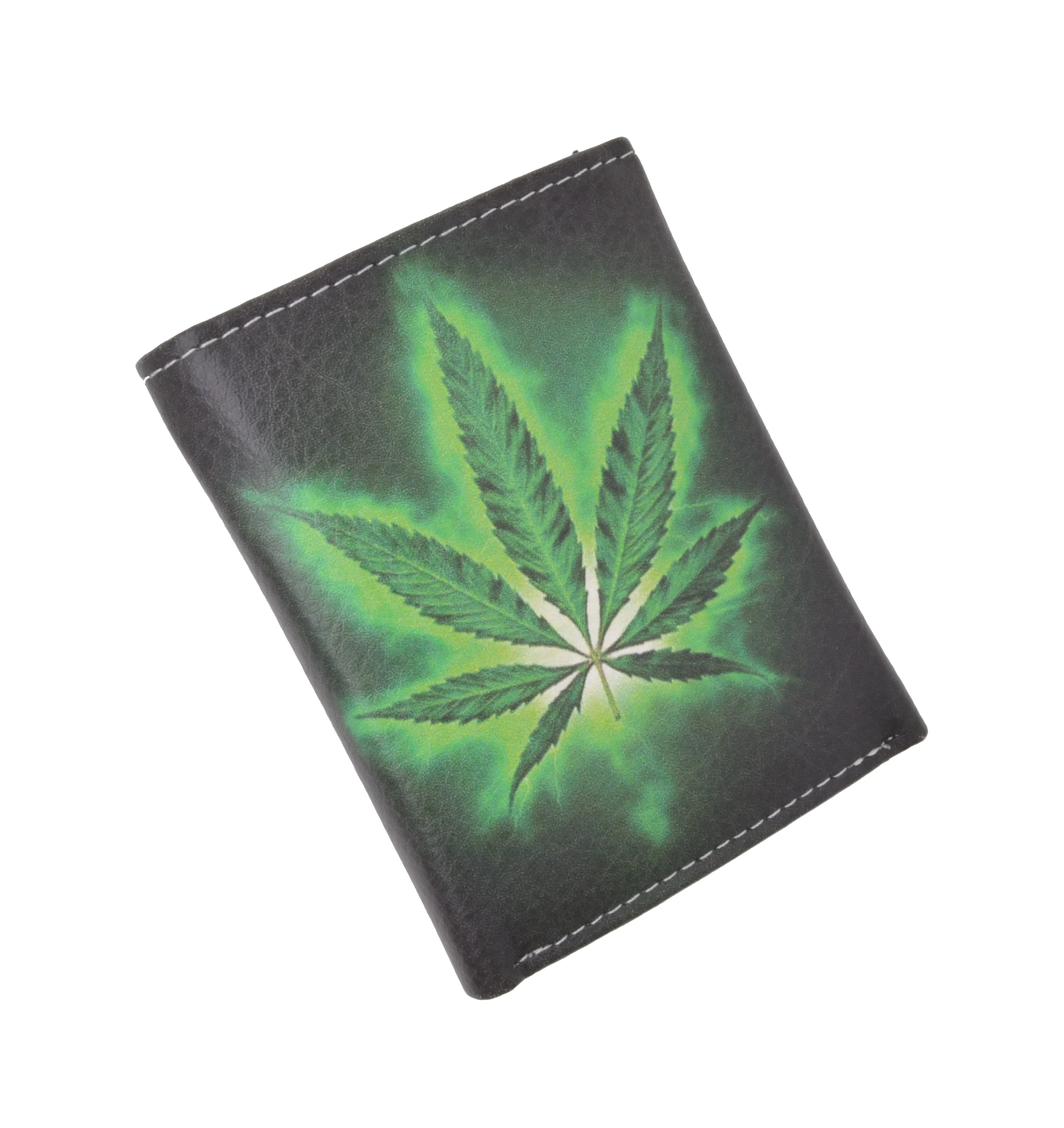 Marijuana Men's Genuine Leather Credit Card ID Holder Trifold Wallet with Middle Flap 1346-19