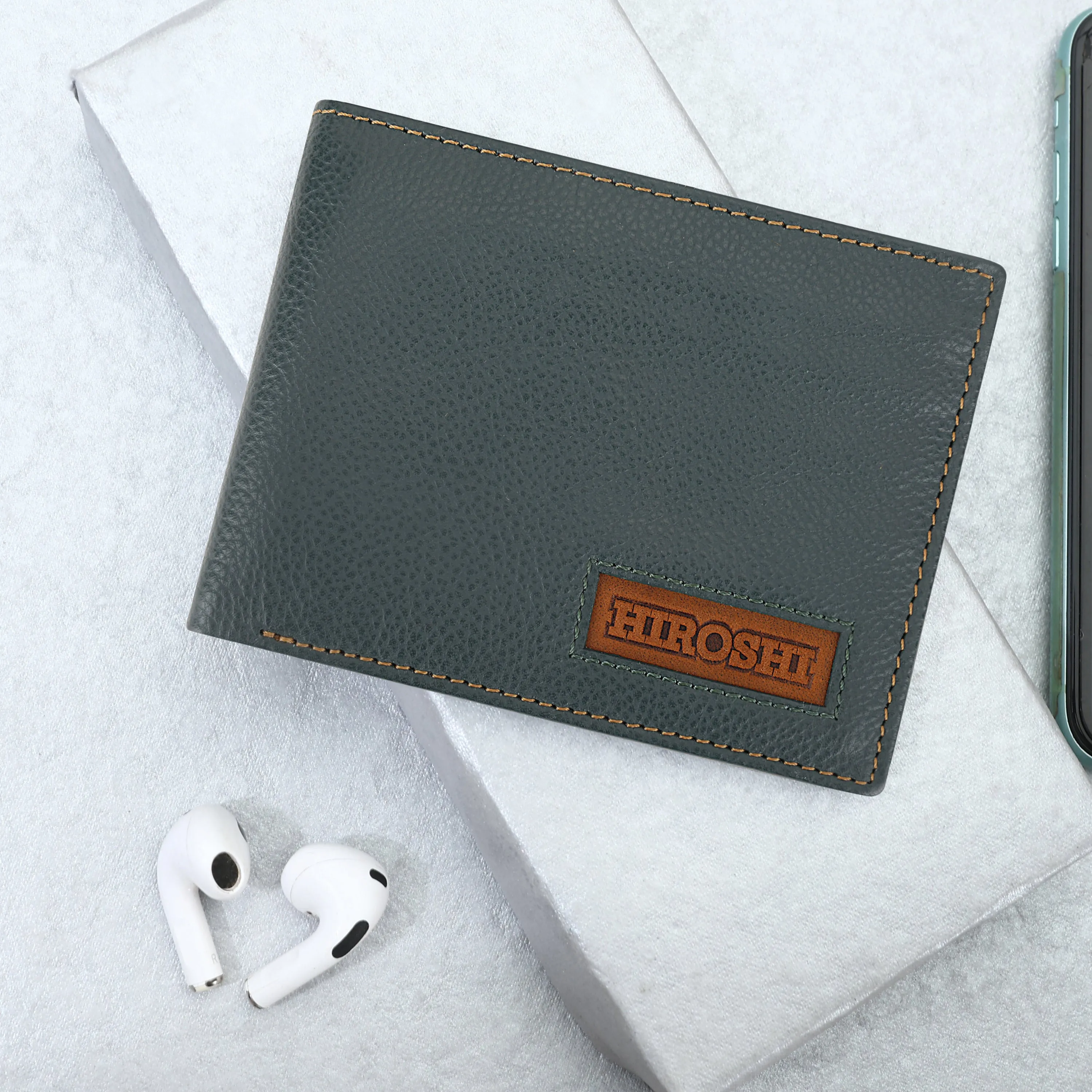 Men's Green Leather Fold Wallet - Hiroshi