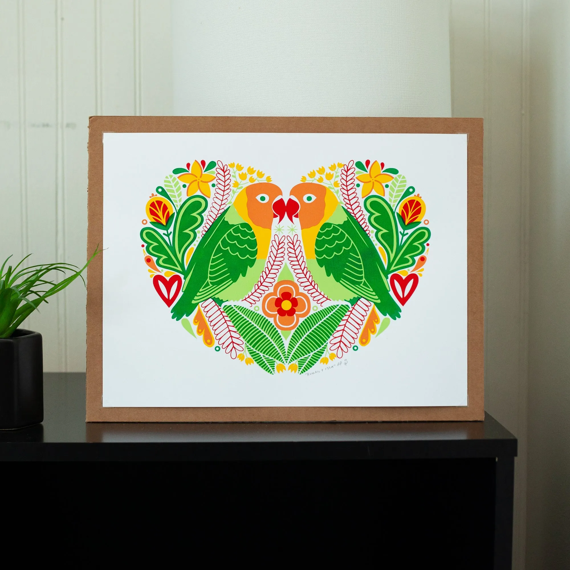 pair of lovebirds art print in a heart shape, bird art print, kumail and issa rae