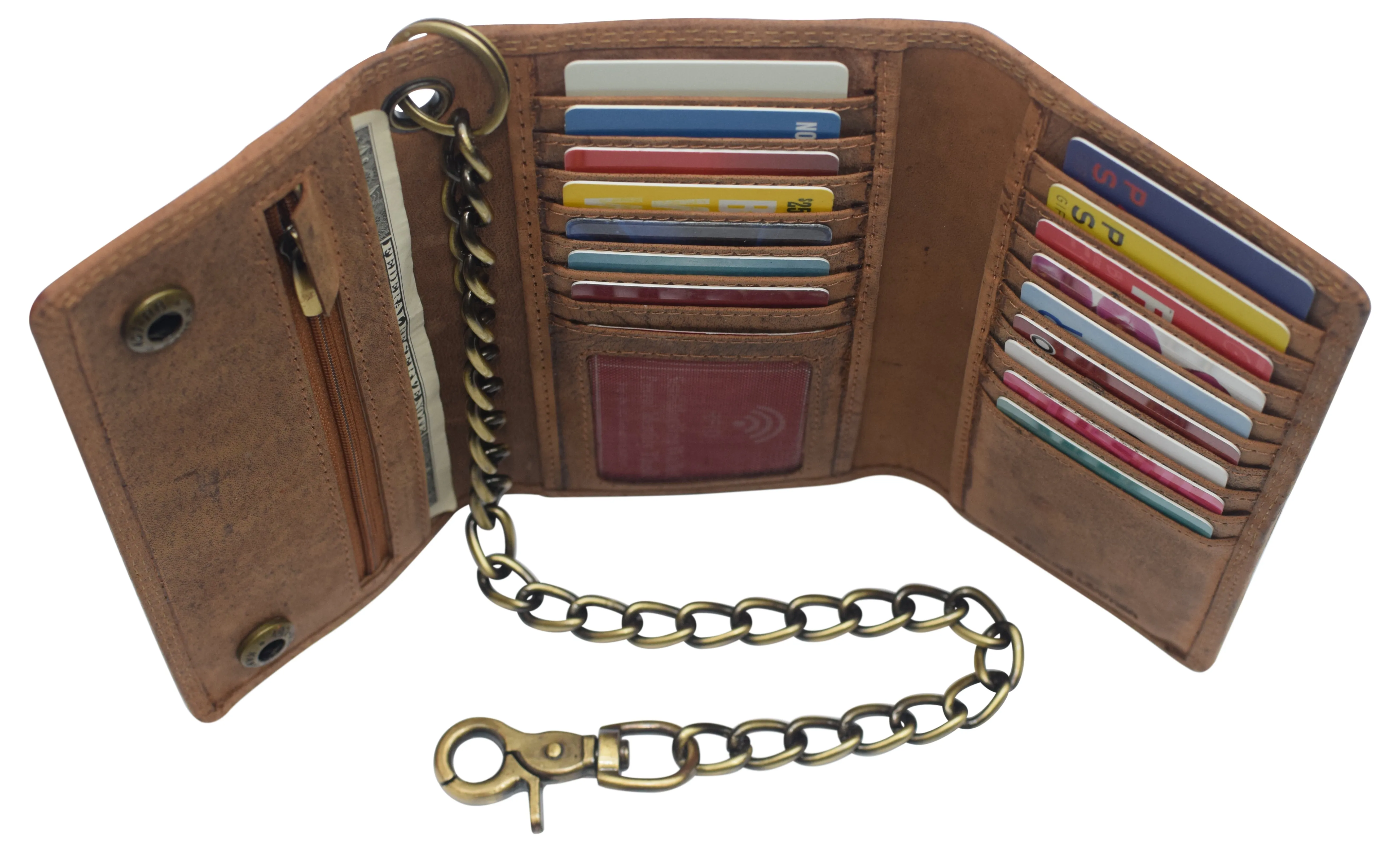 RFID Blocking Men's Biker Vintage Brown Genuine Leather Long Tri-fold Chain Wallet RFID1646HCH