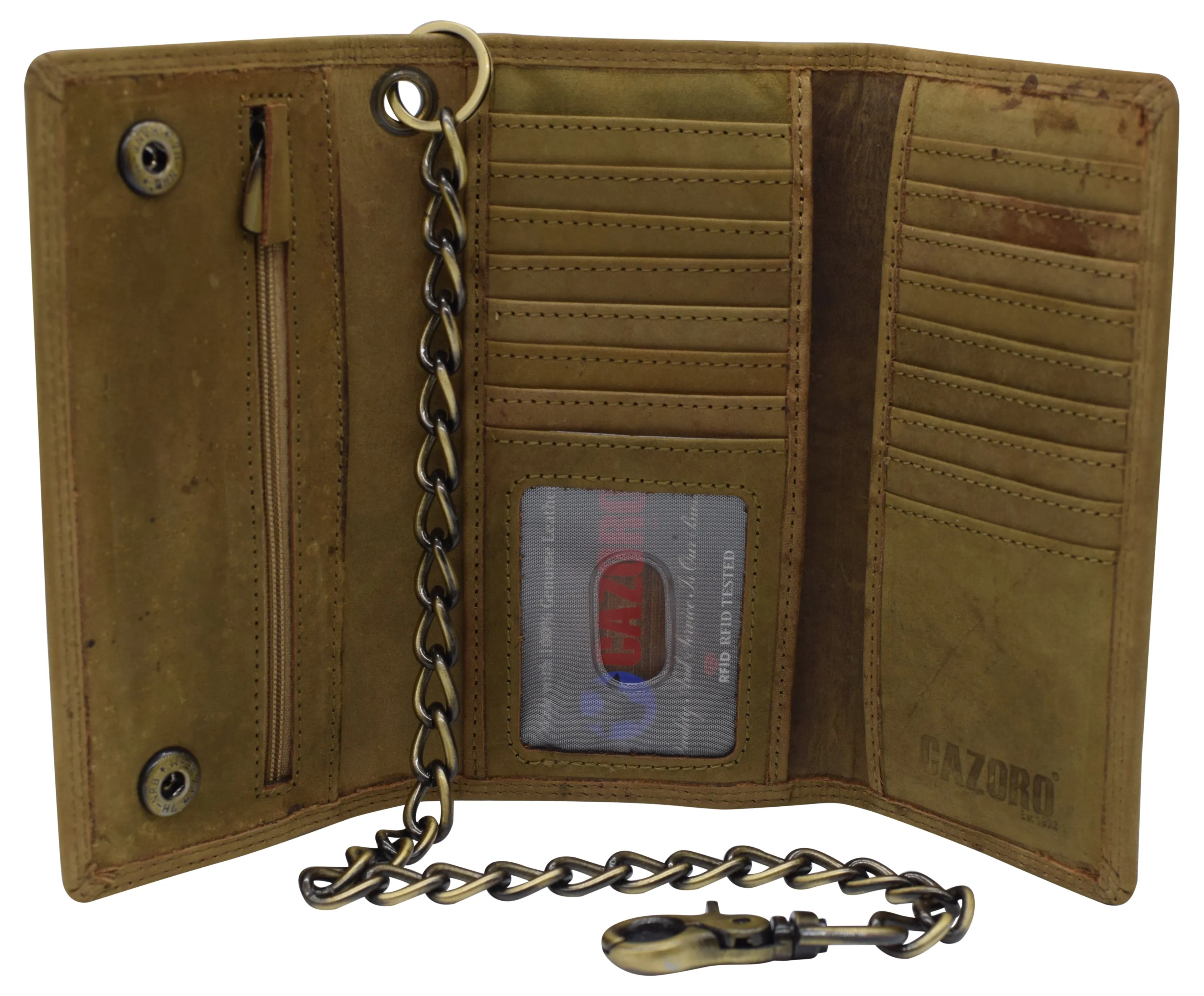 RFID Blocking Men's Biker Vintage Brown Genuine Leather Long Tri-fold Chain Wallet RFID1646HCH