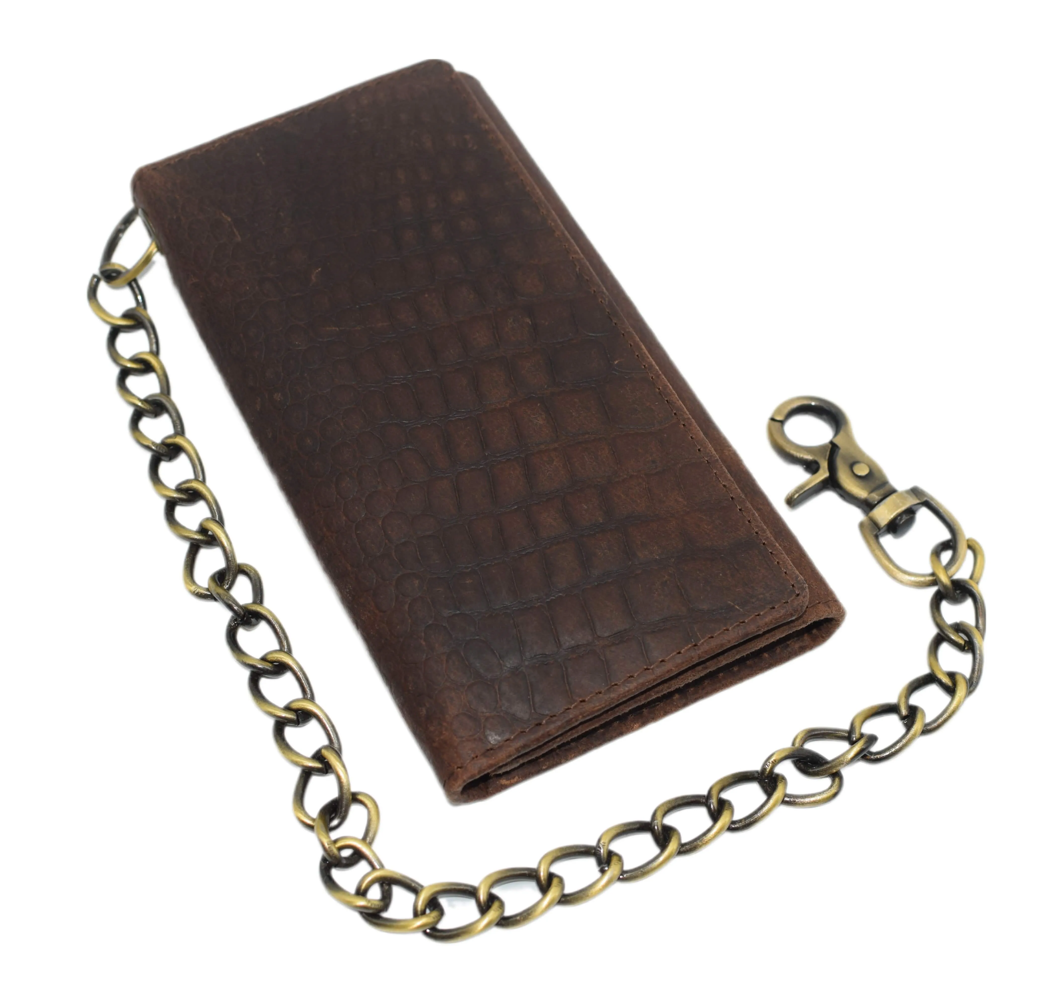 RFID Blocking Men's Biker Vintage Brown Genuine Leather Long Tri-fold Chain Wallet RFID1646HCH