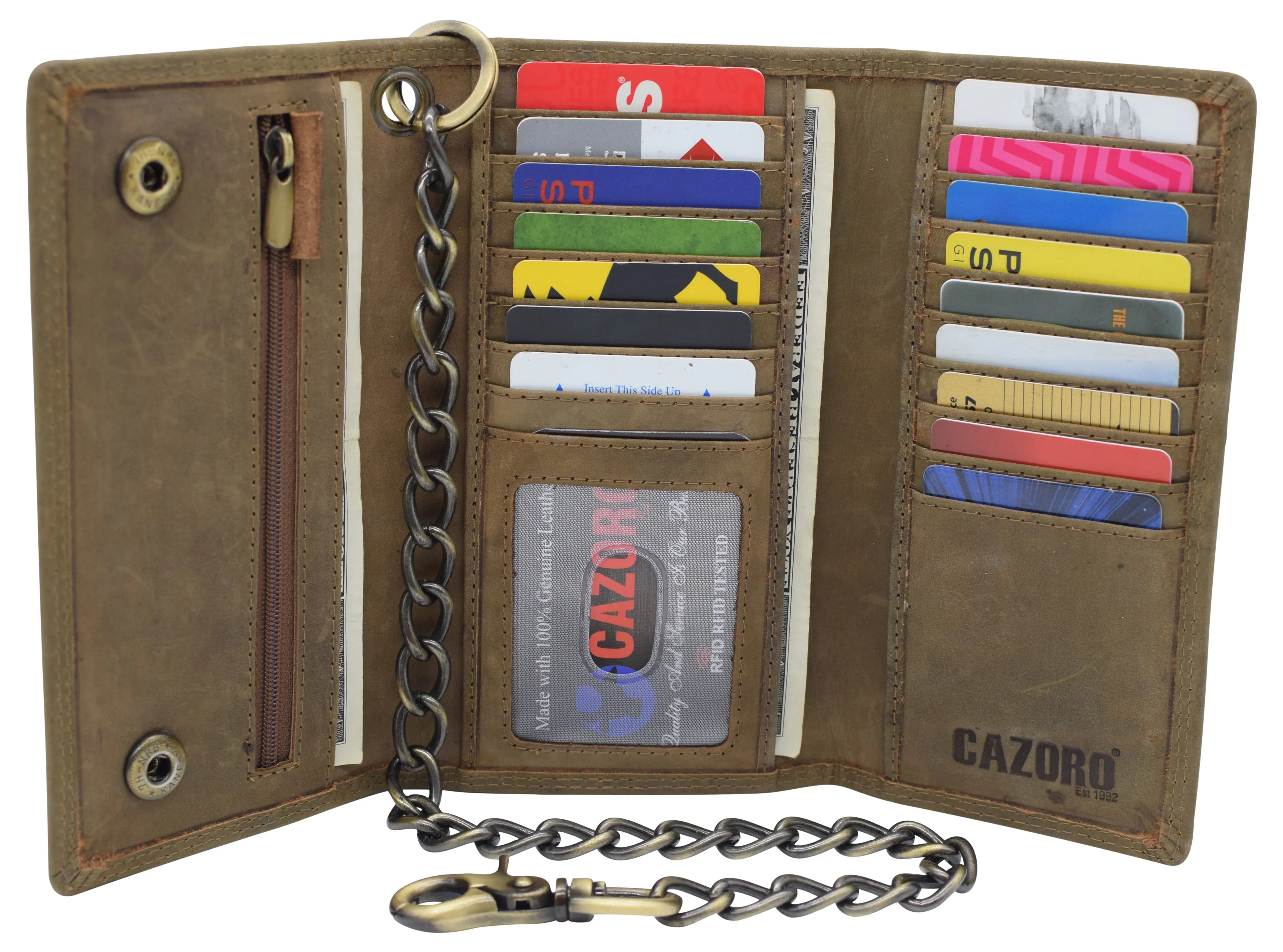 RFID Blocking Men's Biker Vintage Brown Genuine Leather Long Tri-fold Chain Wallet RFID1646HCH