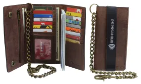 RFID Blocking Men's Biker Vintage Brown Genuine Leather Long Tri-fold Chain Wallet RFID1646HCH