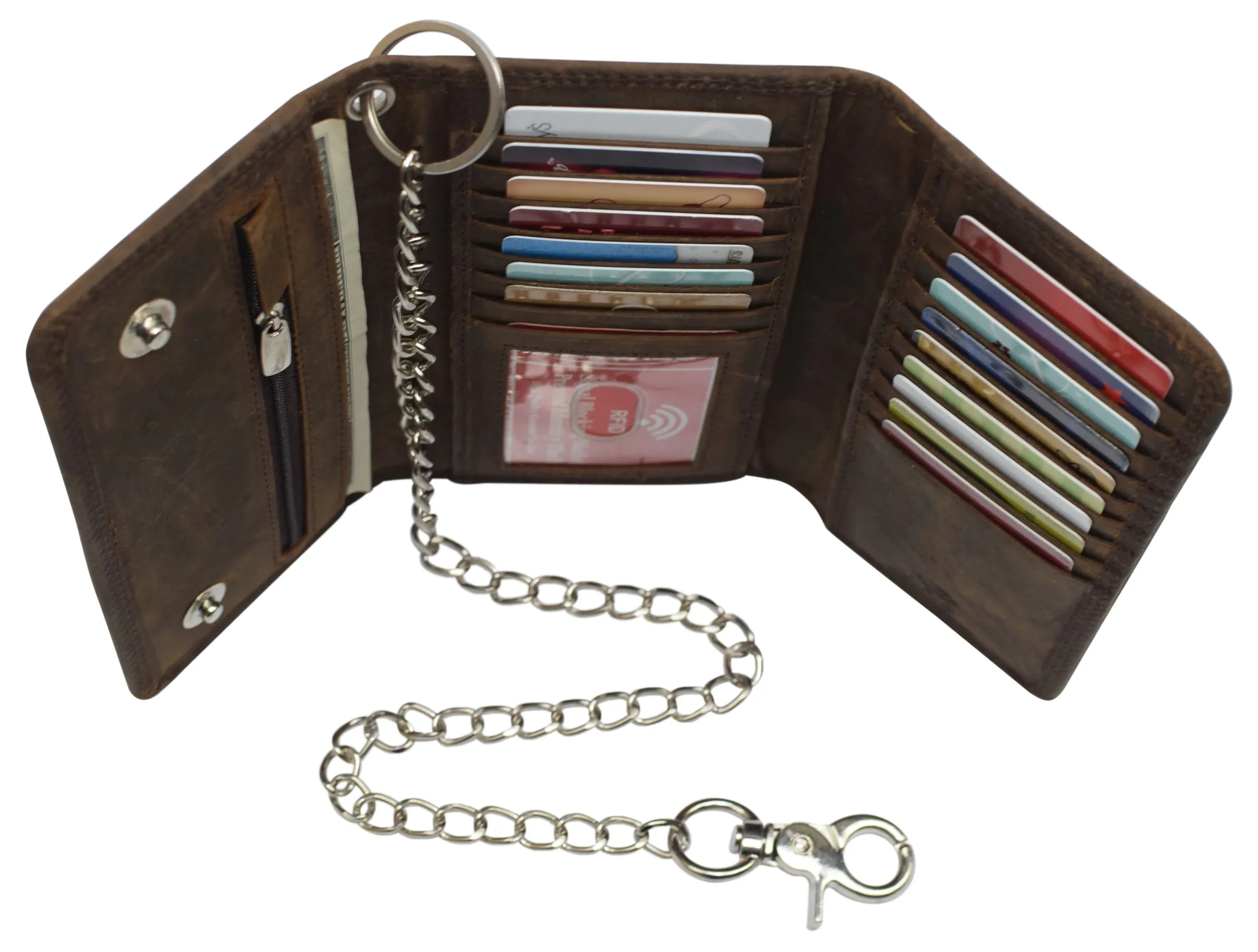 RFID Blocking Men's Biker Vintage Brown Genuine Leather Long Tri-fold Chain Wallet RFID1646HCH