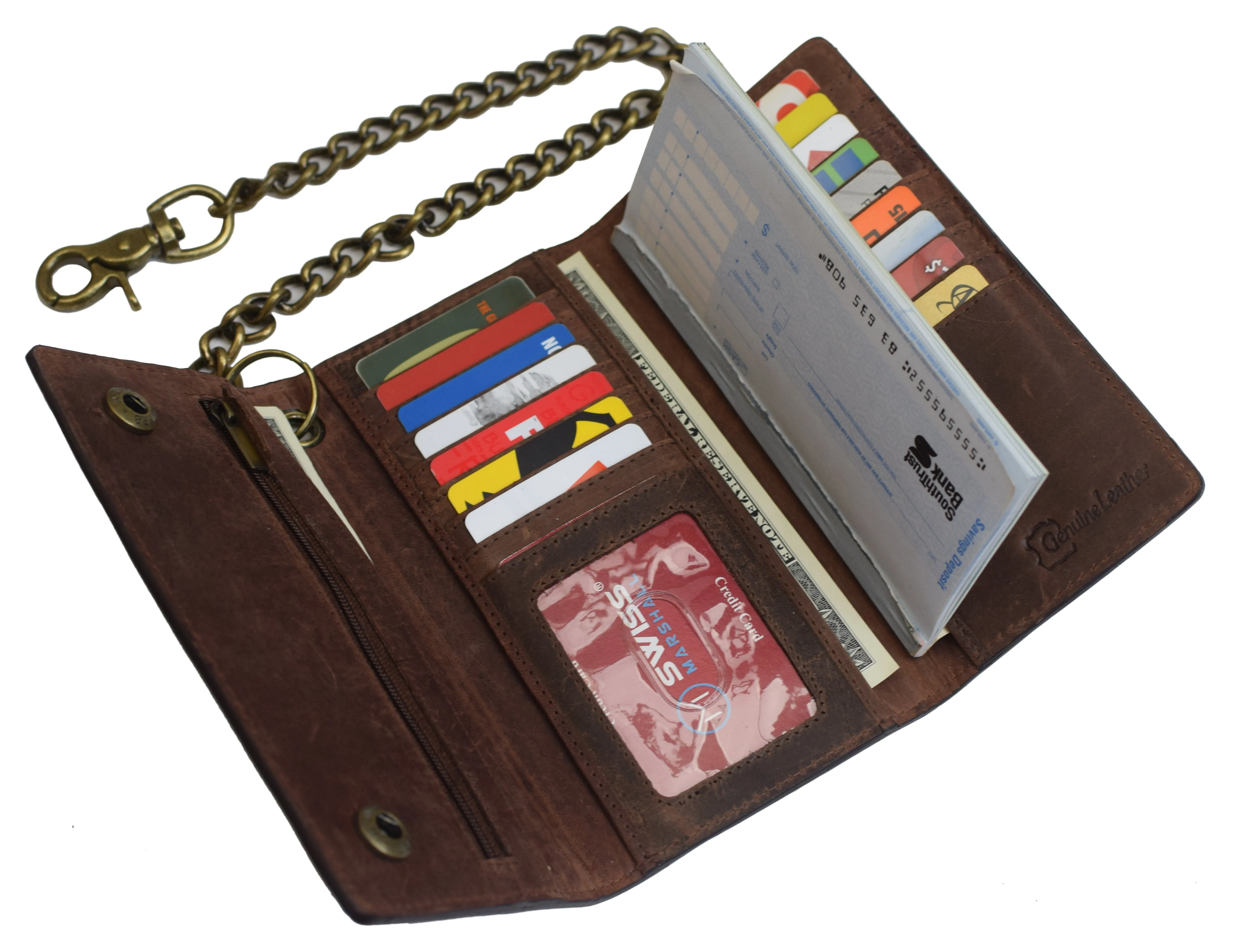 RFID Blocking Men's Biker Vintage Brown Genuine Leather Long Tri-fold Chain Wallet RFID1646HCH