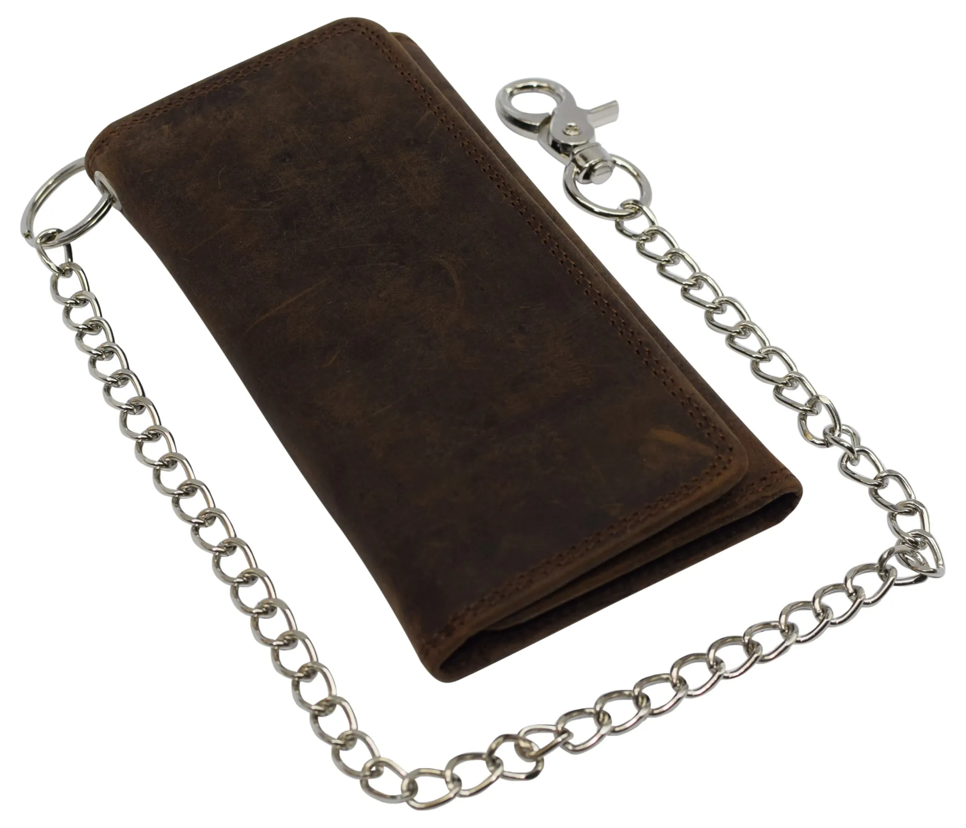 RFID Blocking Men's Biker Vintage Brown Genuine Leather Long Tri-fold Chain Wallet RFID1646HCH