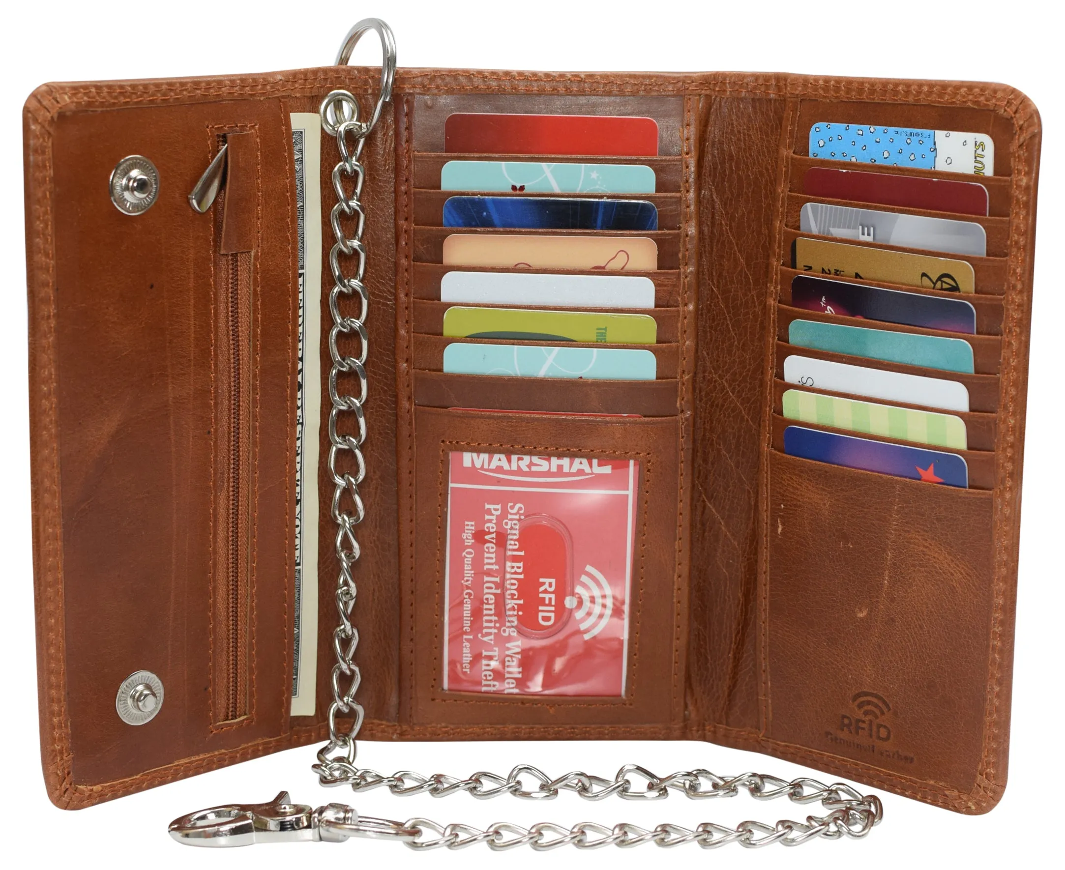 RFID Blocking Men's Biker Vintage Brown Genuine Leather Long Tri-fold Chain Wallet RFID1646HCH