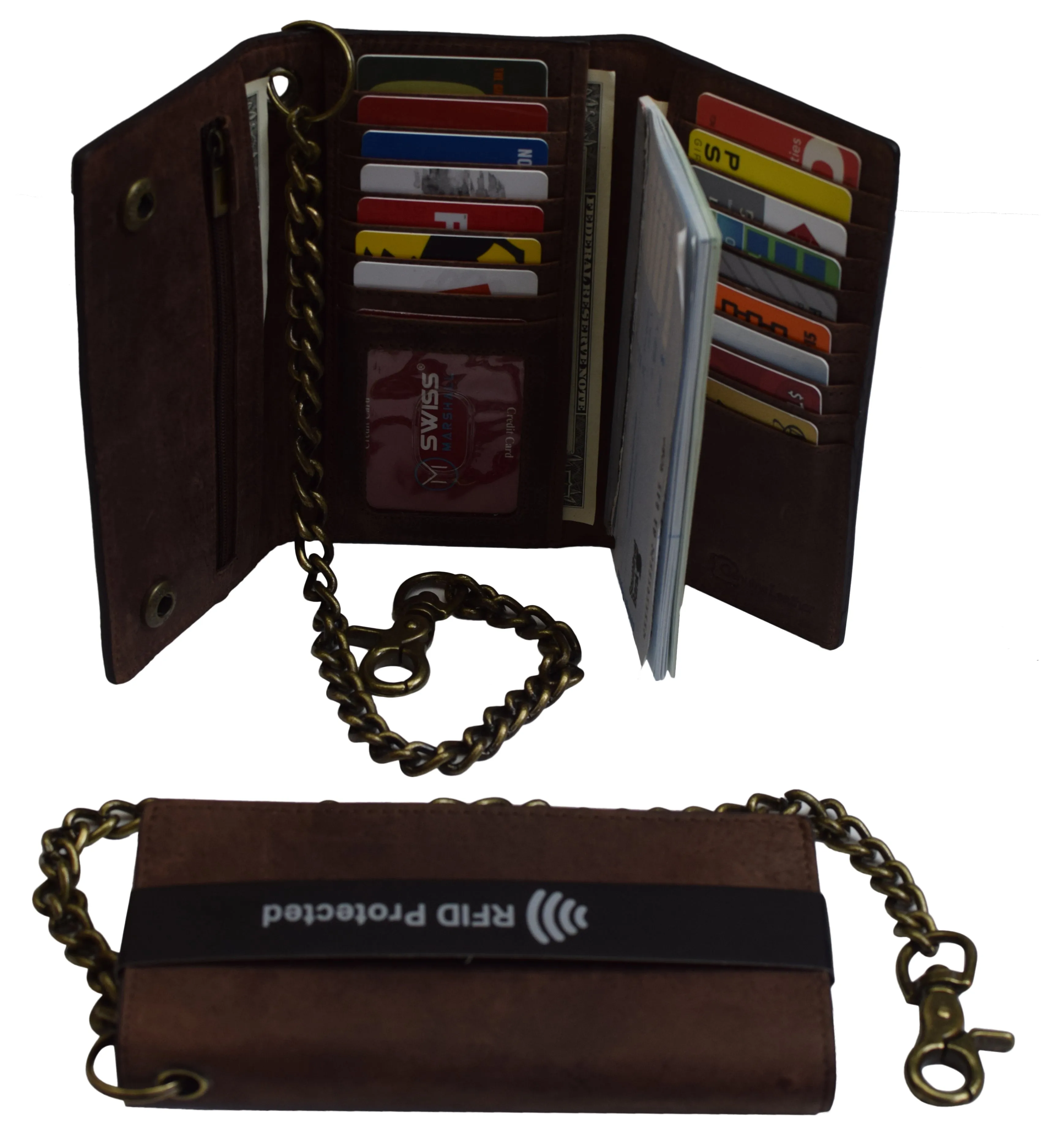 RFID Blocking Men's Biker Vintage Brown Genuine Leather Long Tri-fold Chain Wallet RFID1646HCH