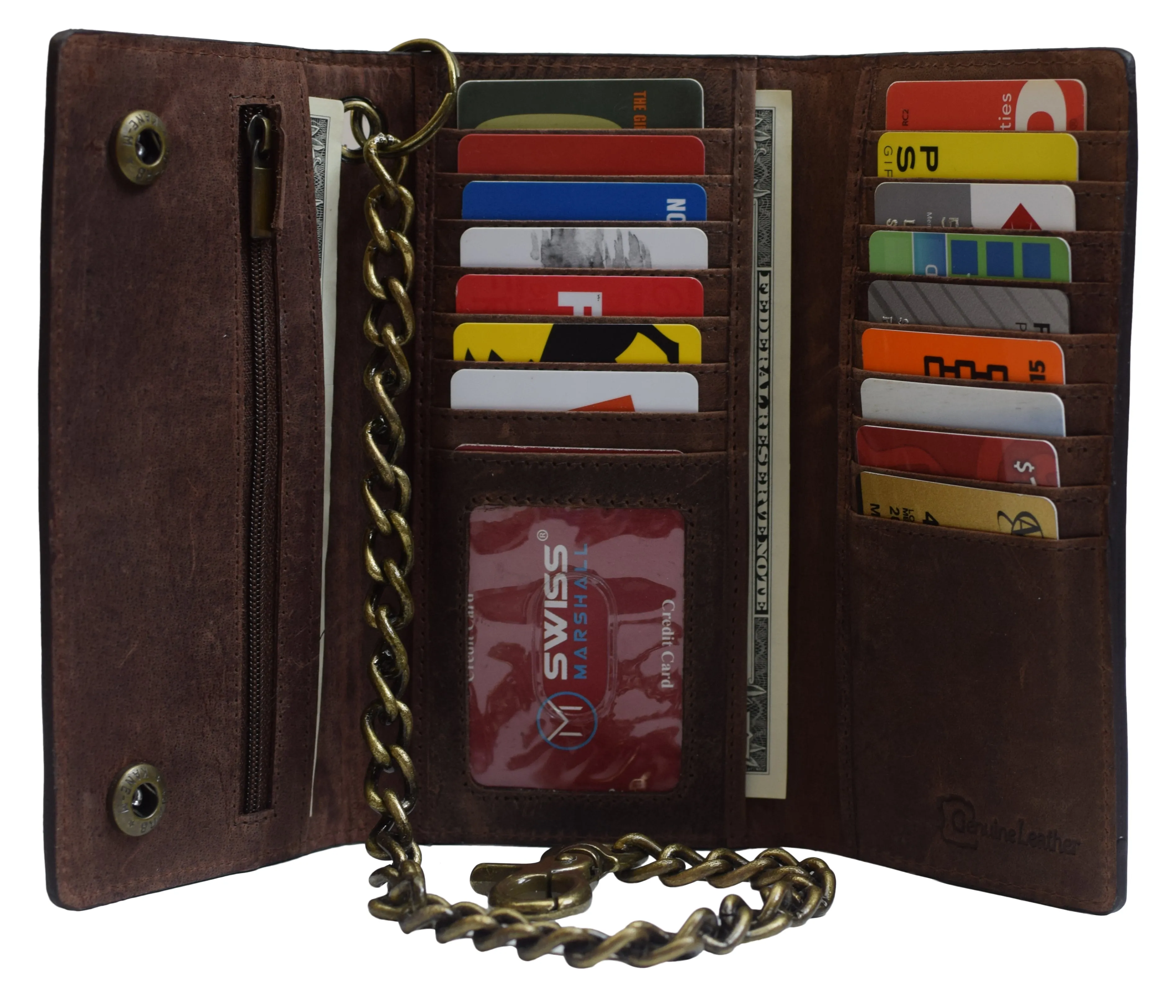 RFID Blocking Men's Biker Vintage Brown Genuine Leather Long Tri-fold Chain Wallet RFID1646HCH