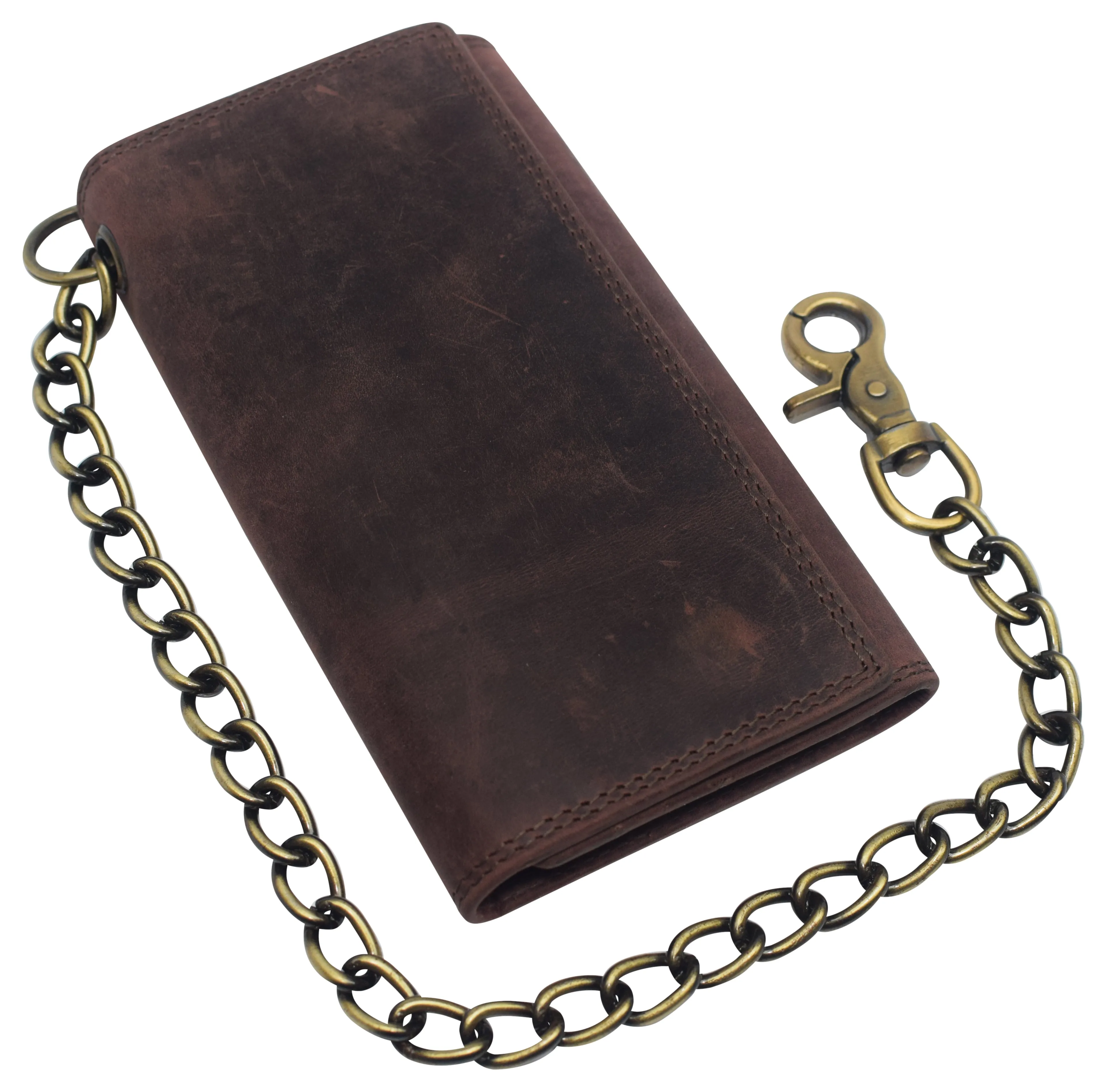 RFID Blocking Men's Biker Vintage Brown Genuine Leather Long Tri-fold Chain Wallet RFID1646HCH
