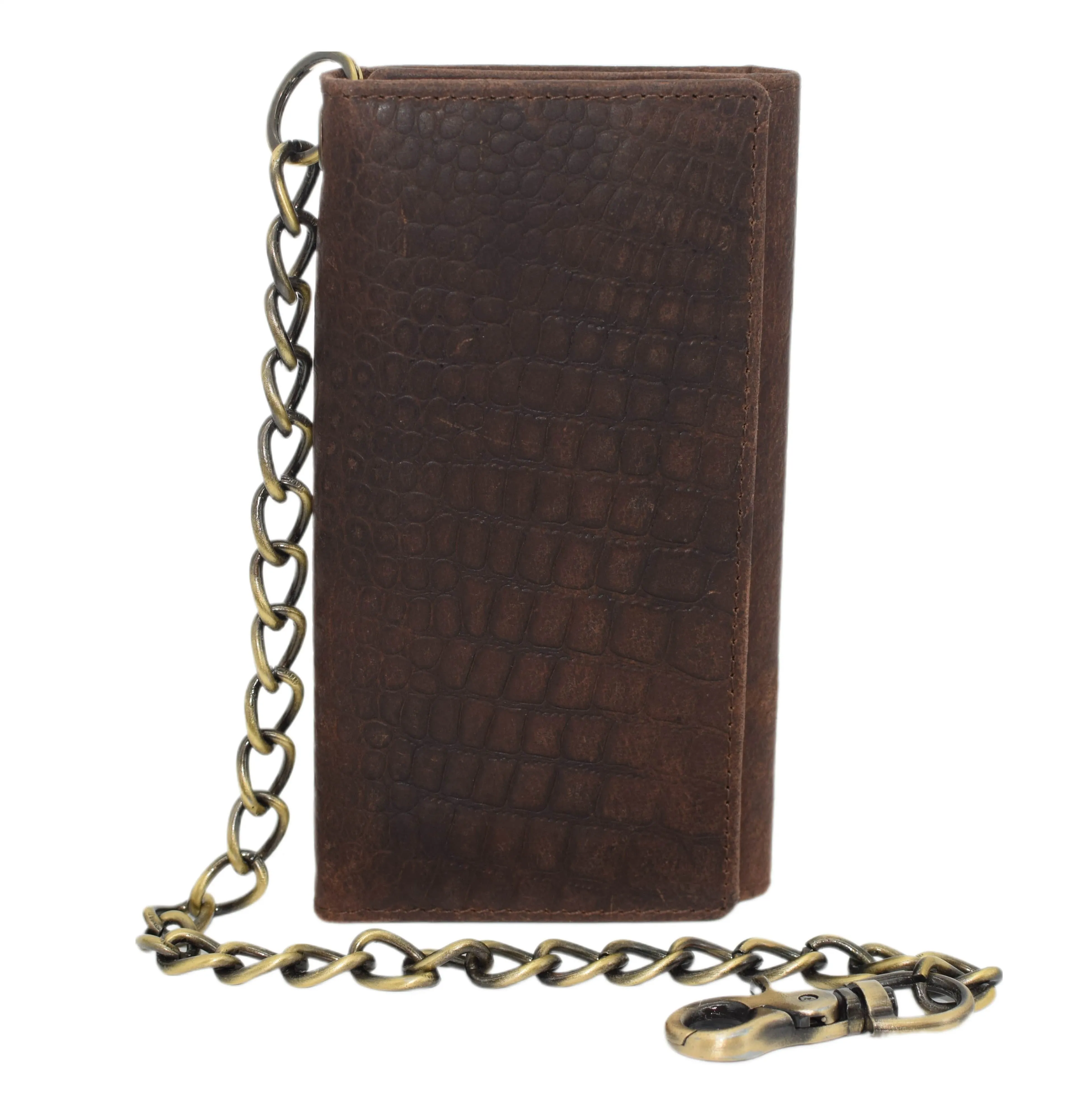 RFID Blocking Men's Biker Vintage Brown Genuine Leather Long Tri-fold Chain Wallet RFID1646HCH